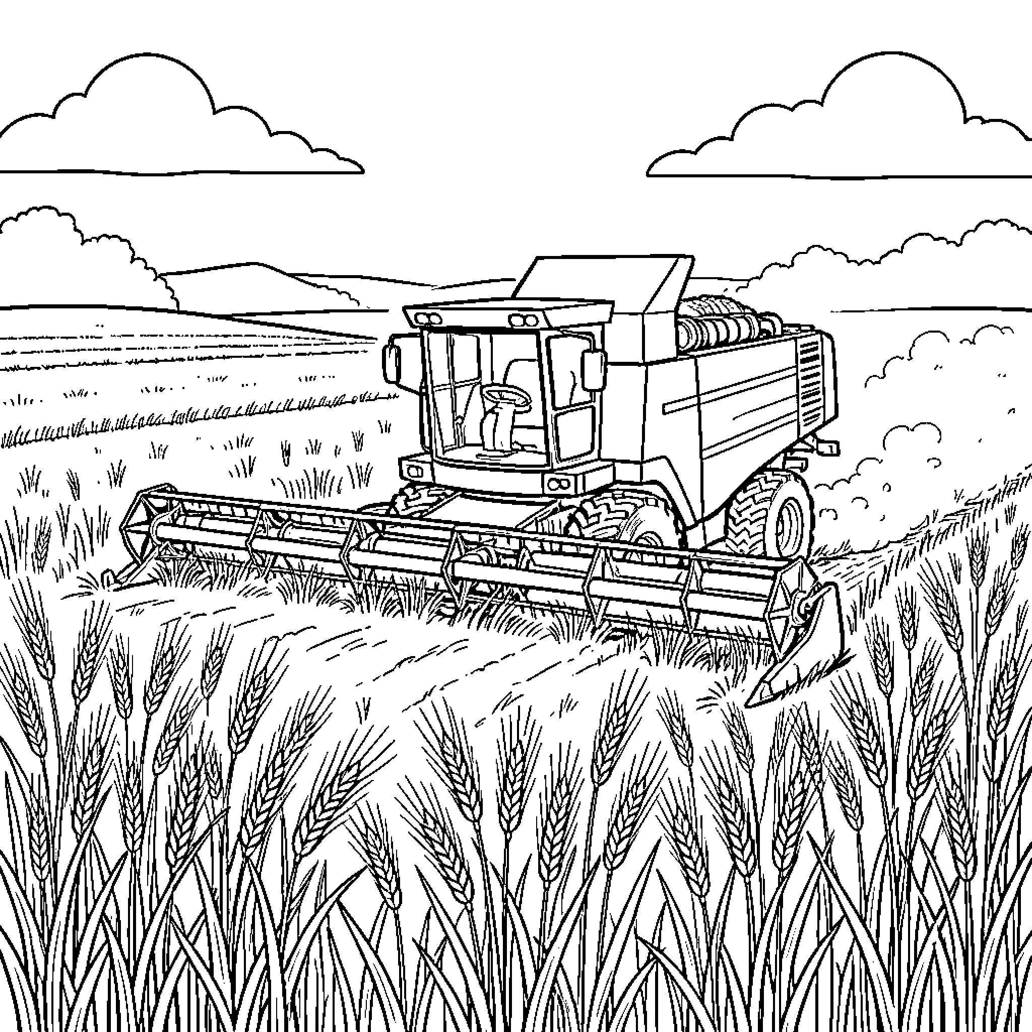 Moissonneuse récoltant le blé dans un champ Coloring Page (free black-and-white line drawing printable PDF for all, from beginners to advanced learners, including children, teens, adults, and seniors)
