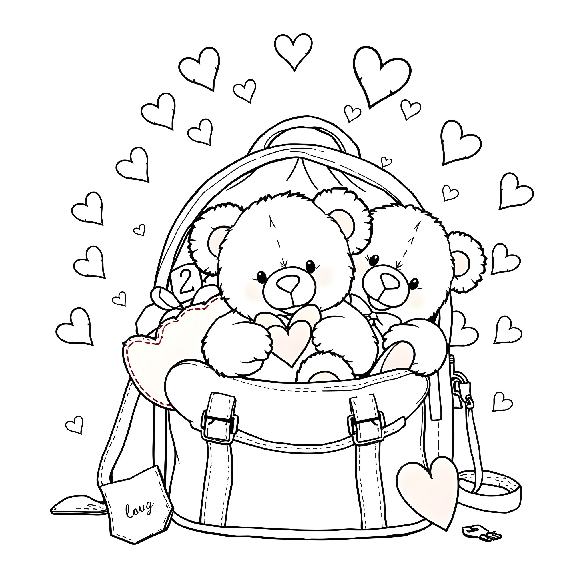Teddy Bears cuddling in a cozy bag surrounded by hearts Coloring Page (free black-and-white line drawing printable PDF for all, from beginners to advanced learners, including children, teens, adults, and seniors)