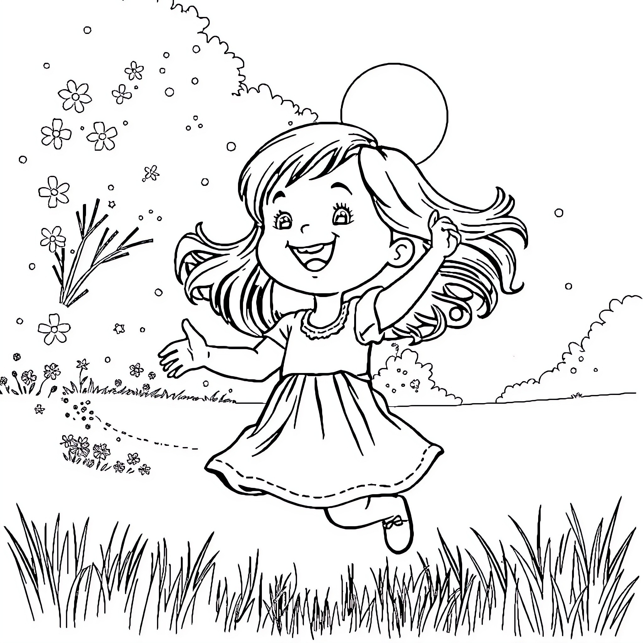 Girl joyfully playing in a field of flowers Coloring Page (free black-and-white line drawing printable PDF for all, from beginners to advanced learners, including children, teens, adults, and seniors)
