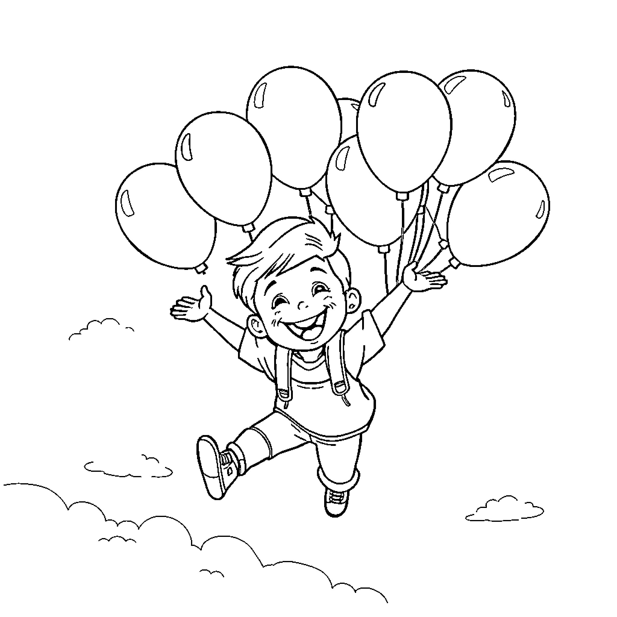 Boy playing joyfully with balloons in the sky Coloring Page (free black-and-white line drawing printable PDF for all, from beginners to advanced learners, including children, teens, adults, and seniors)