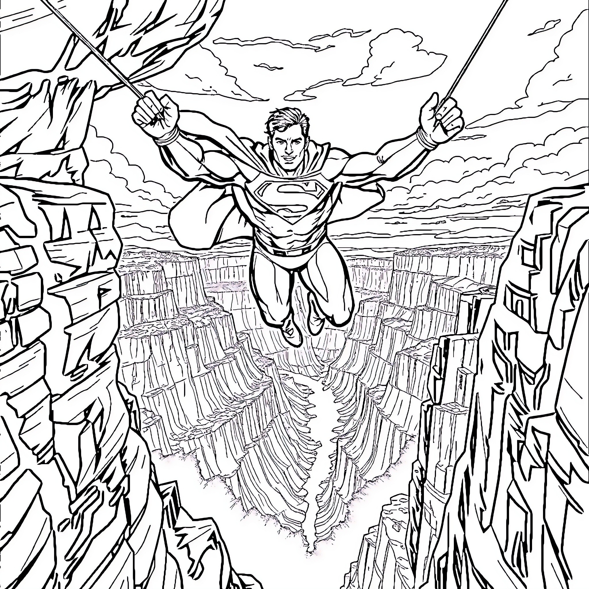 Superman soaring through the sky with determination Coloring Page (free black-and-white line drawing printable PDF for all, from beginners to advanced learners, including children, teens, adults, and seniors)