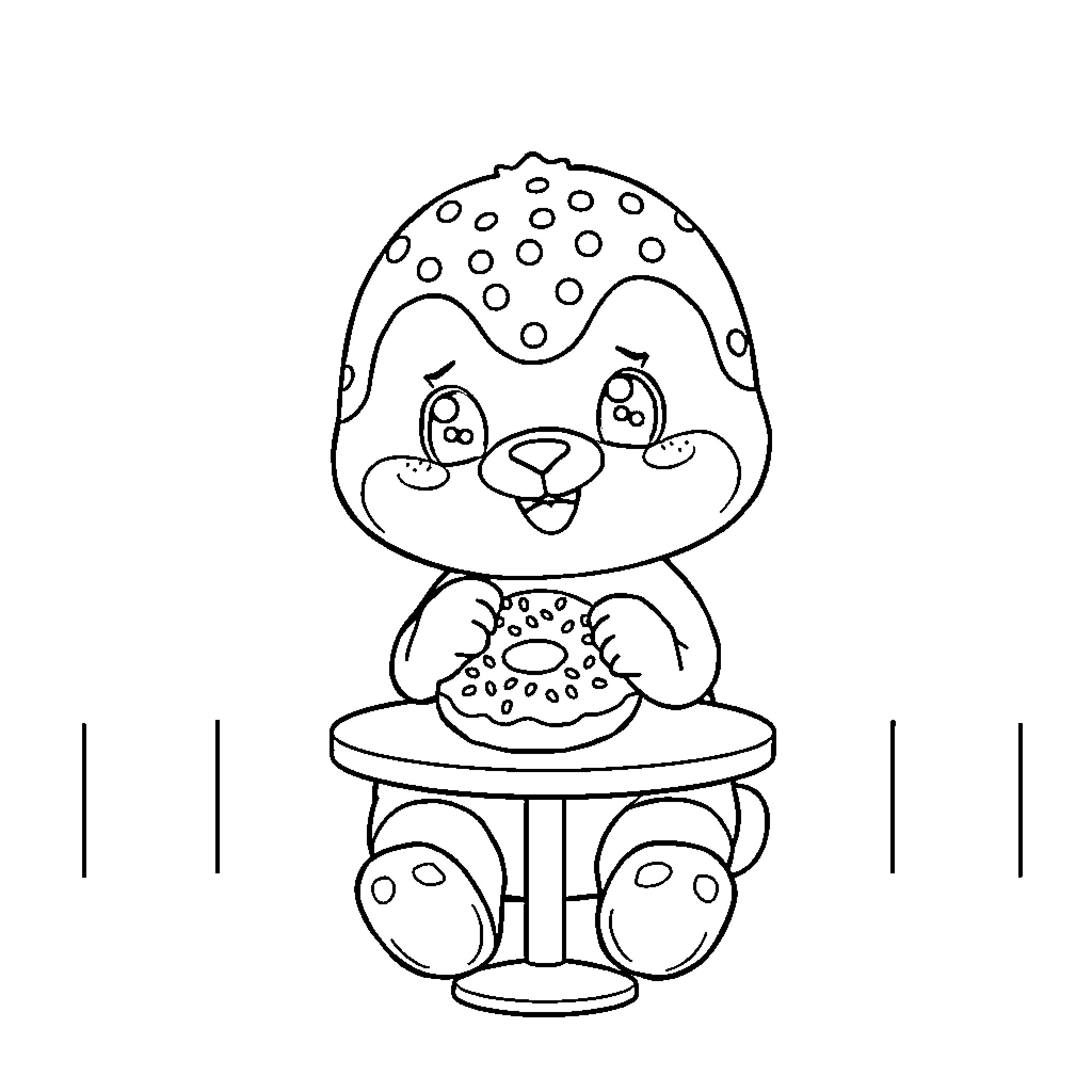 Labubu enjoying a delightful donut Coloring Page (free black-and-white line drawing printable PDF for all, from beginners to advanced learners, including children, teens, adults, and seniors)
