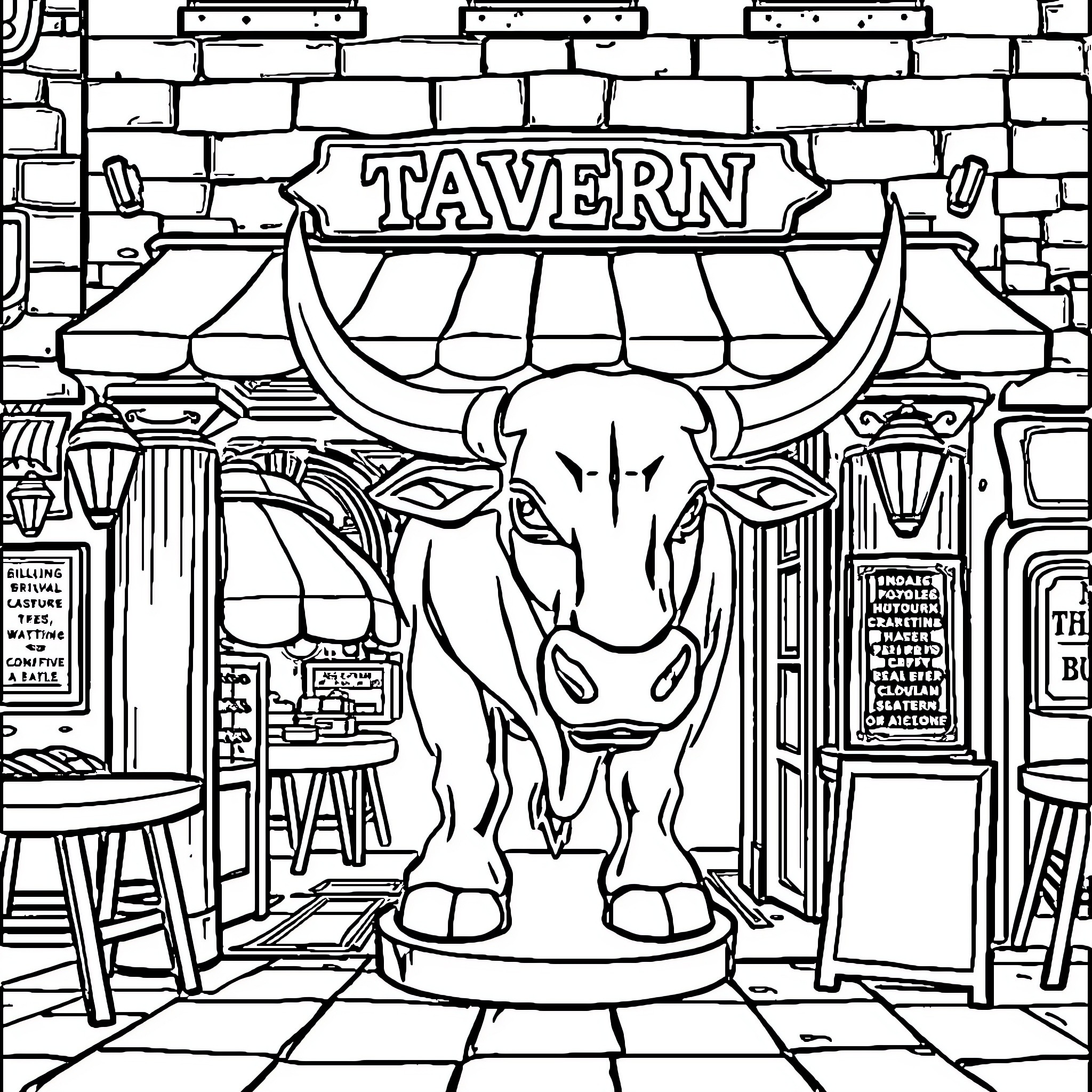 Tavern Entrance with Bull Statue Coloring Page (free black-and-white line drawing printable PDF for all, from beginners to advanced learners, including children, teens, adults, and seniors)