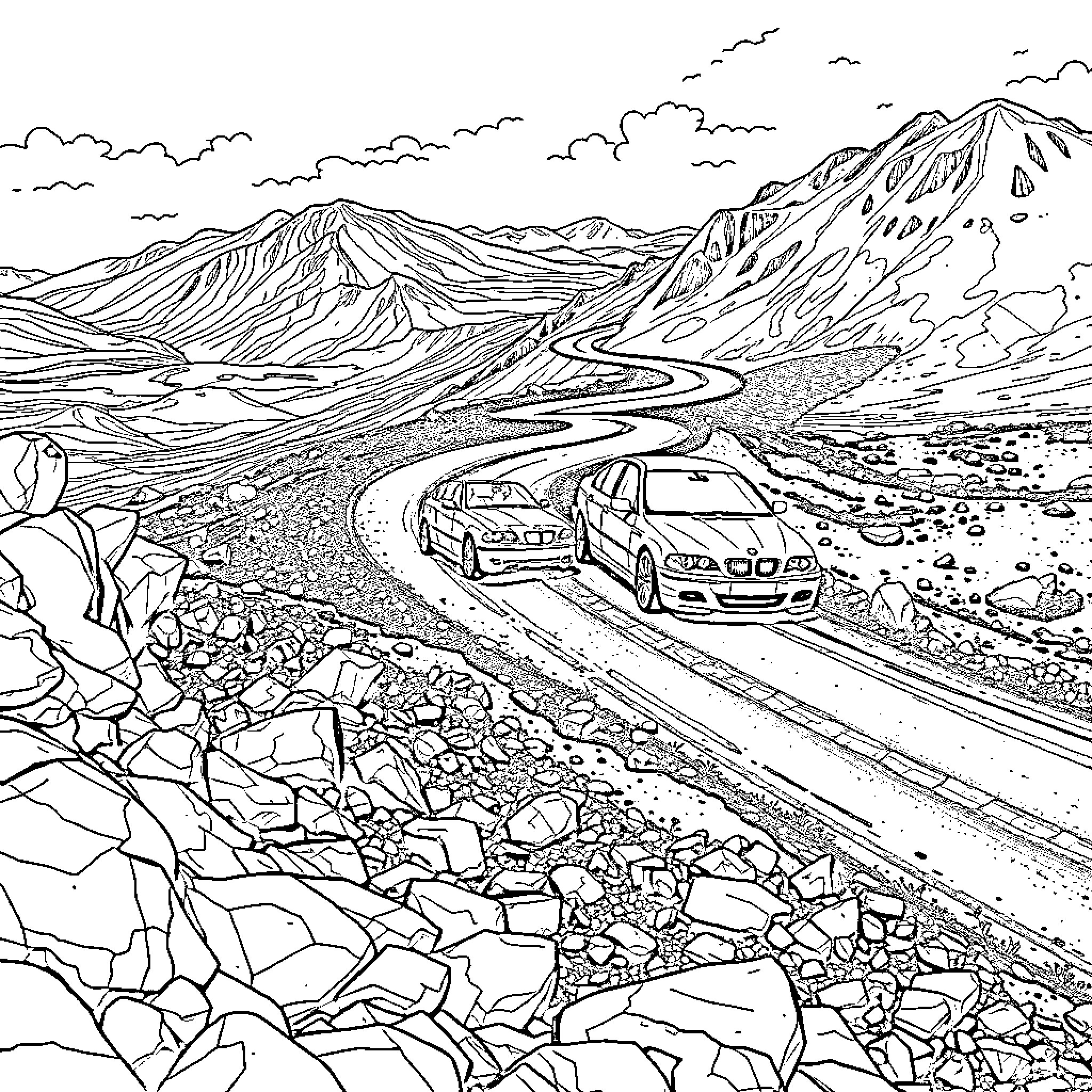 BMW vehicles navigating mountainous terrain Coloring Page (free black-and-white line drawing printable PDF for all, from beginners to advanced learners, including children, teens, adults, and seniors)