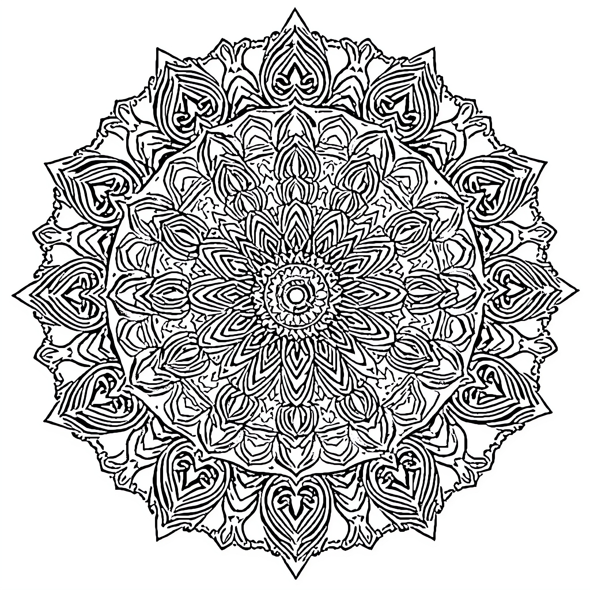 Mandala of intricate floral patterns Coloring Page (free black-and-white line drawing printable PDF for all, from beginners to advanced learners, including children, teens, adults, and seniors)