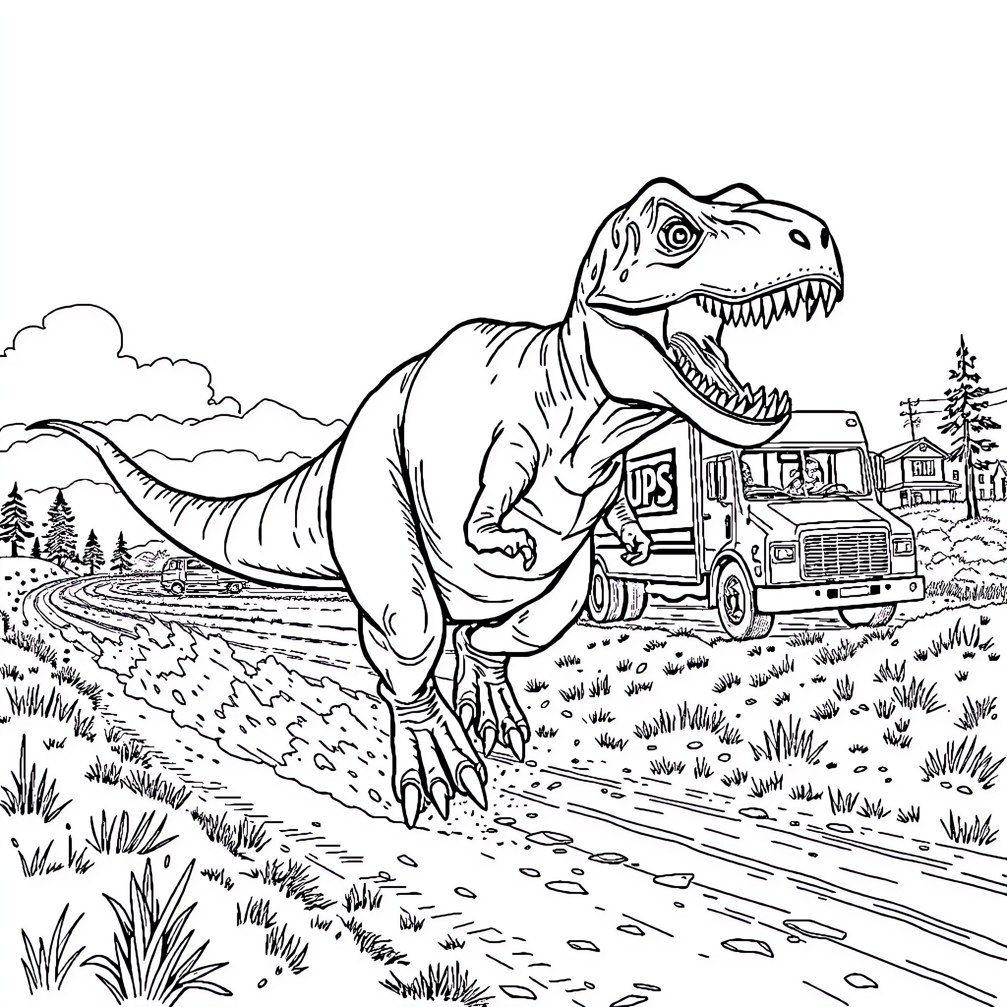 Tyrannosaurus Rex chasing a truck in a wilderness landscape Coloring Page (free black-and-white line drawing printable PDF for all, from beginners to advanced learners, including children, teens, adults, and seniors)