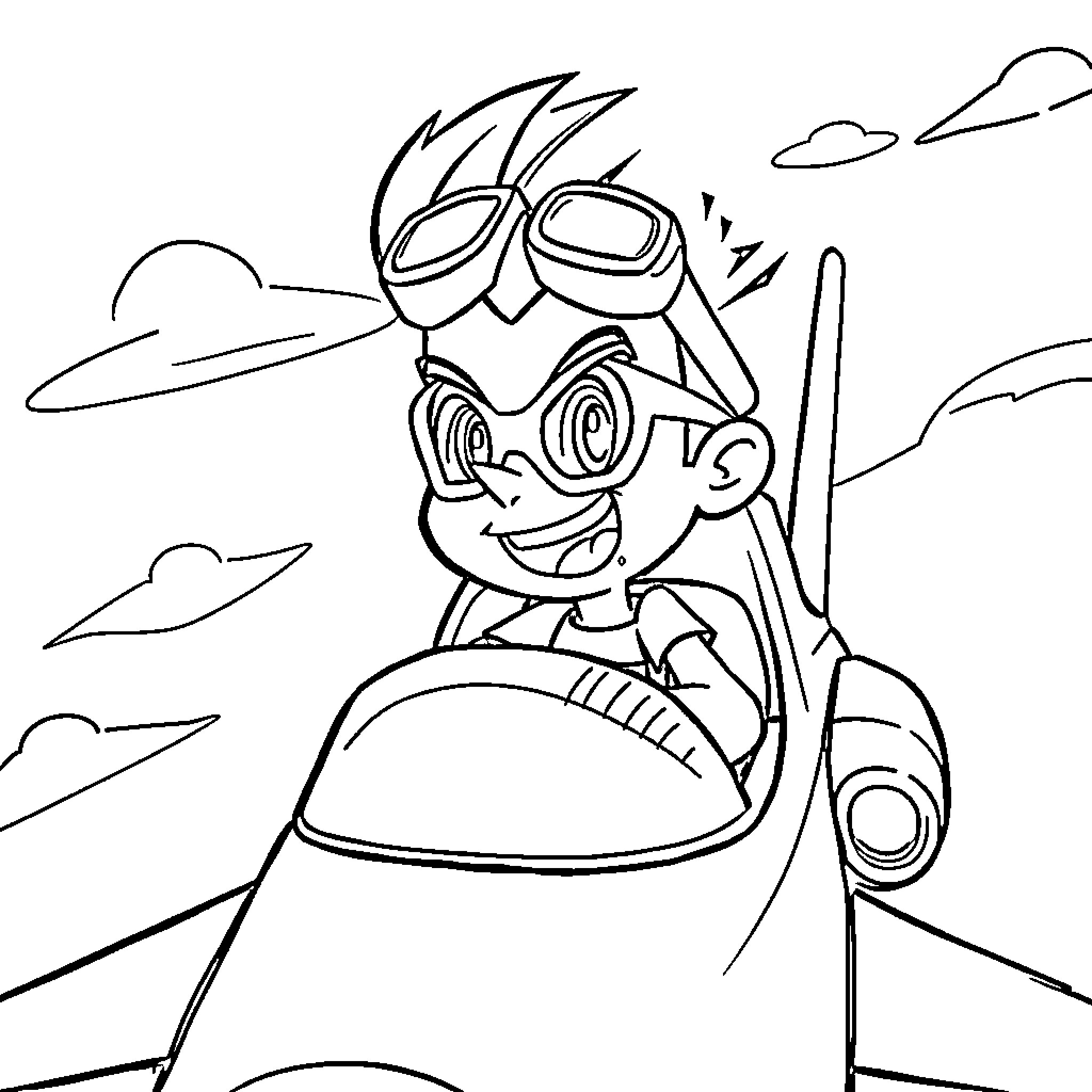 Jimmy Neutron flying his rocket ship with excitement Coloring Page (free black-and-white line drawing printable PDF for all, from beginners to advanced learners, including children, teens, adults, and seniors)