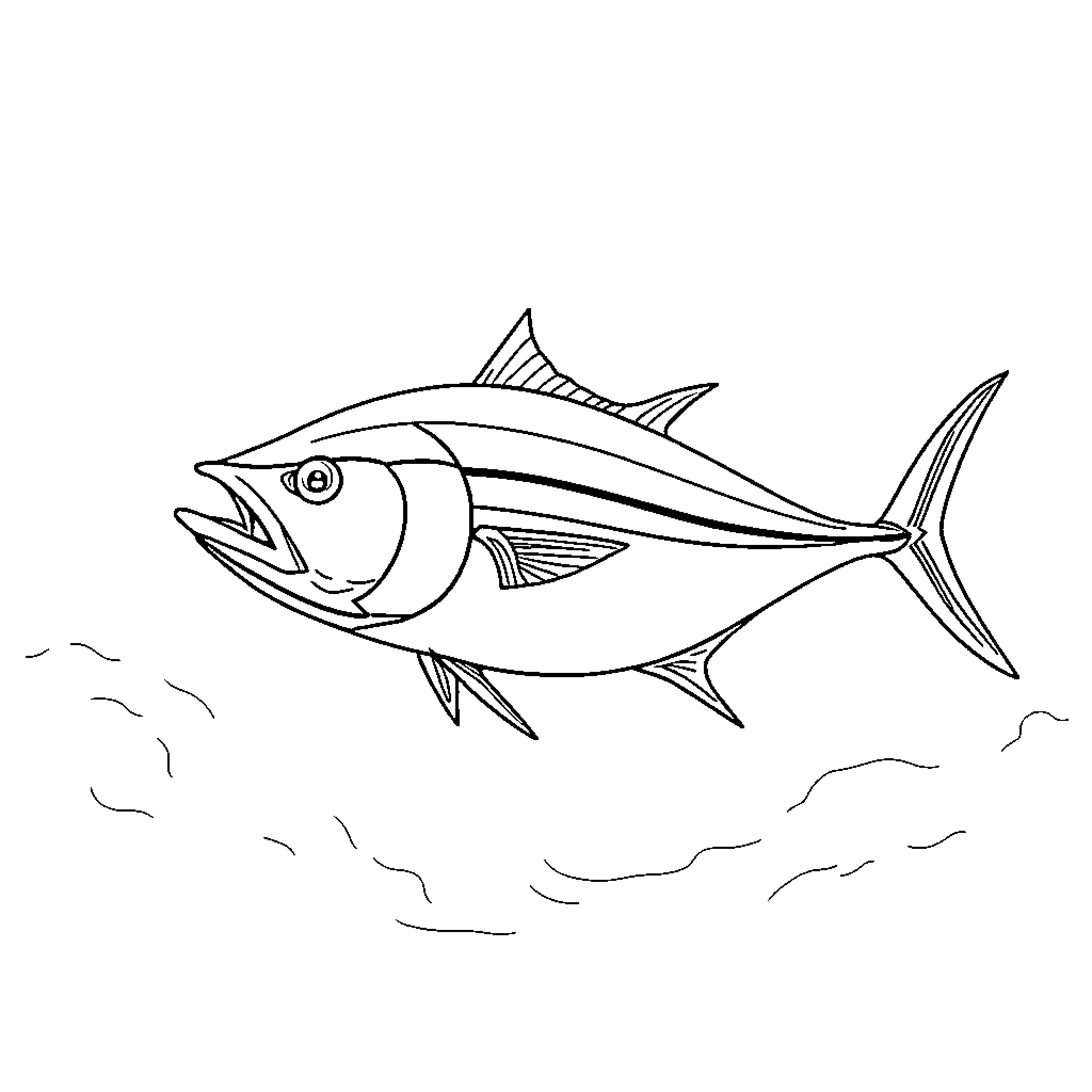 Tuna swimming in the ocean Coloring Page (free black-and-white line drawing printable PDF for all, from beginners to advanced learners, including children, teens, adults, and seniors)