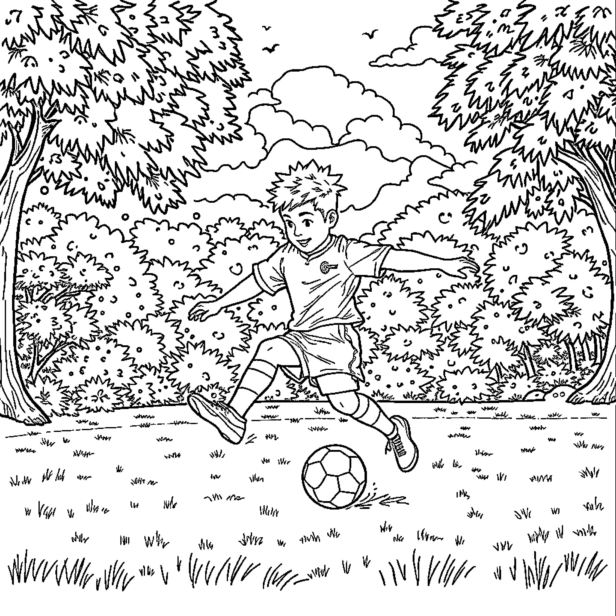 Woku Playing Soccer in the Forest Coloring Page (free black-and-white line drawing printable PDF for all, from beginners to advanced learners, including children, teens, adults, and seniors)