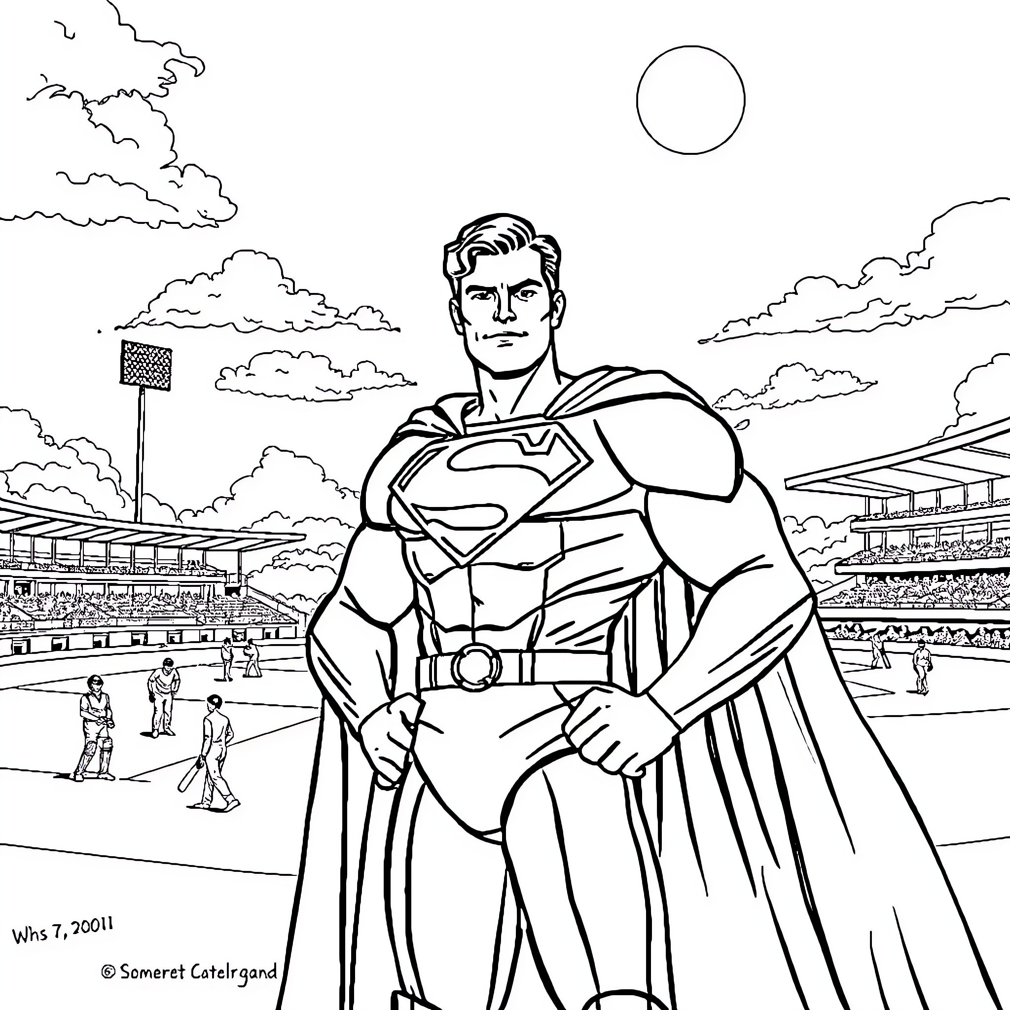 Superman in heroic pose at sports stadium Coloring Page (free black-and-white line drawing printable PDF for all, from beginners to advanced learners, including children, teens, adults, and seniors)