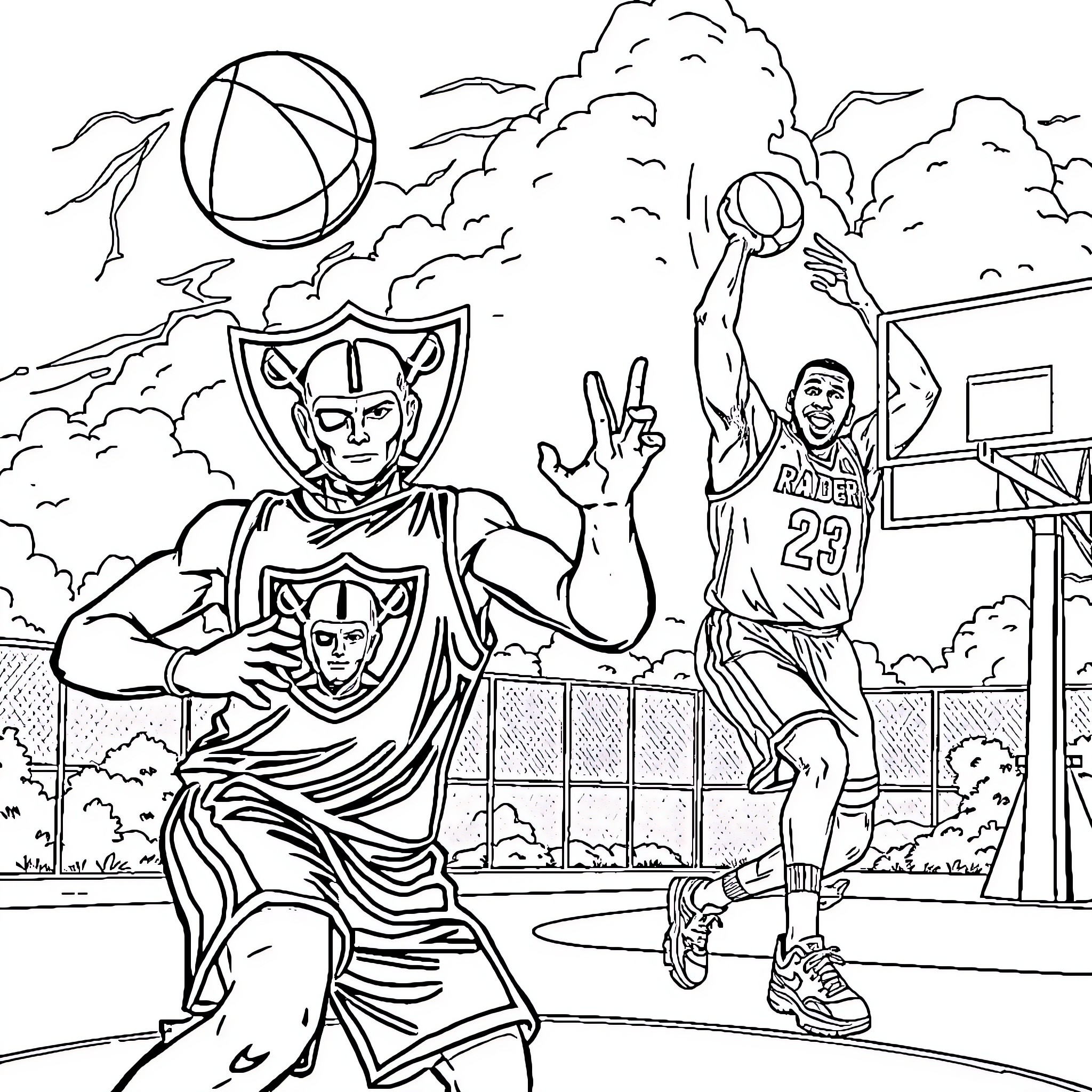 Renegade Raider Dominating the Basketball Court Coloring Page (free black-and-white line drawing printable PDF for all, from beginners to advanced learners, including children, teens, adults, and seniors)