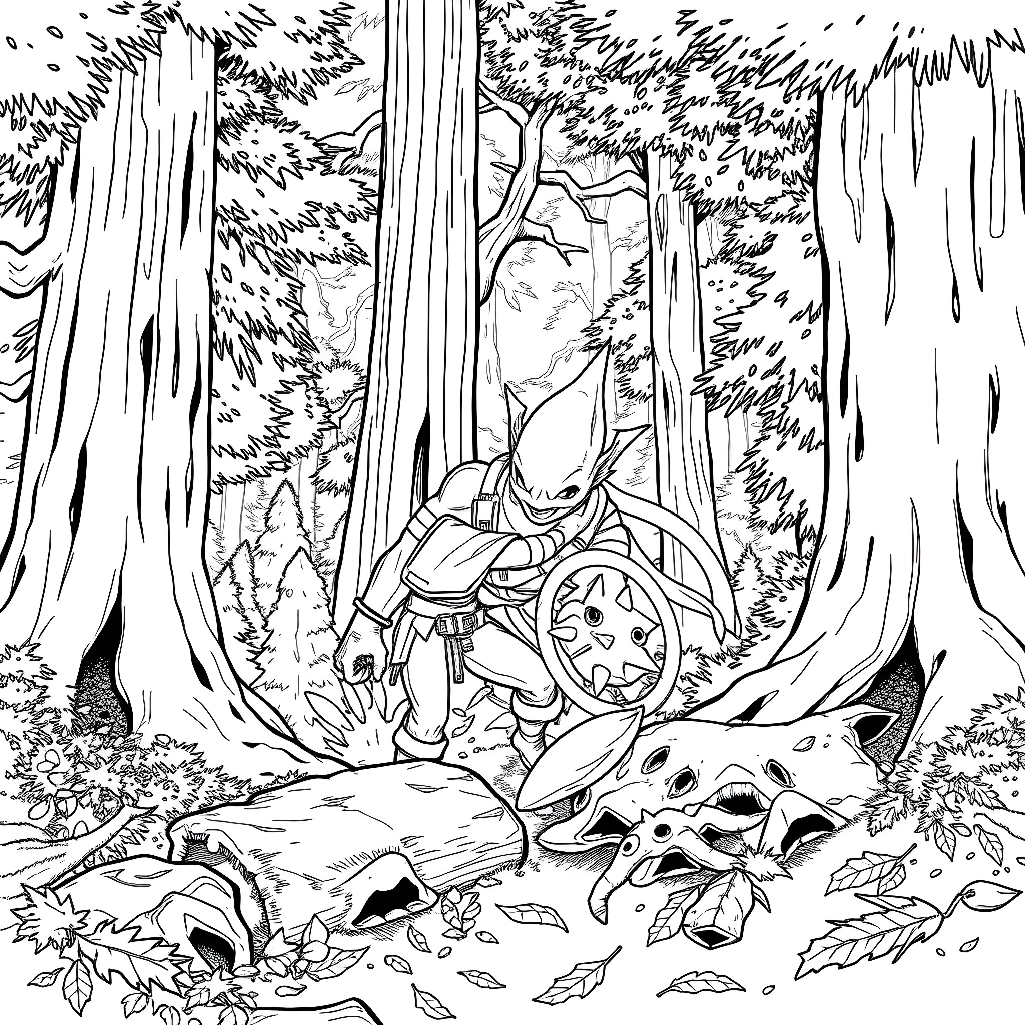 Yul's Adventurous Journey through the Enchanted Forest Coloring Page (free black-and-white line drawing printable PDF for all, from beginners to advanced learners, including children, teens, adults, and seniors)