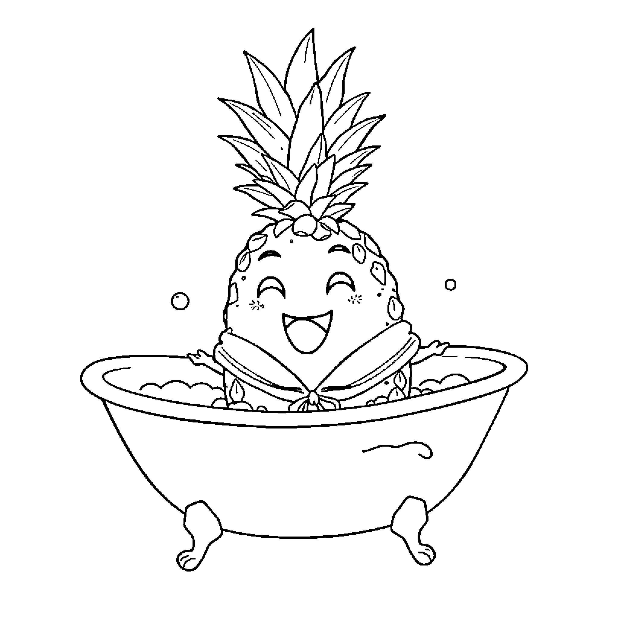 Pineapple enjoying a bubbly bath Coloring Page (free black-and-white line drawing printable PDF for all, from beginners to advanced learners, including children, teens, adults, and seniors)