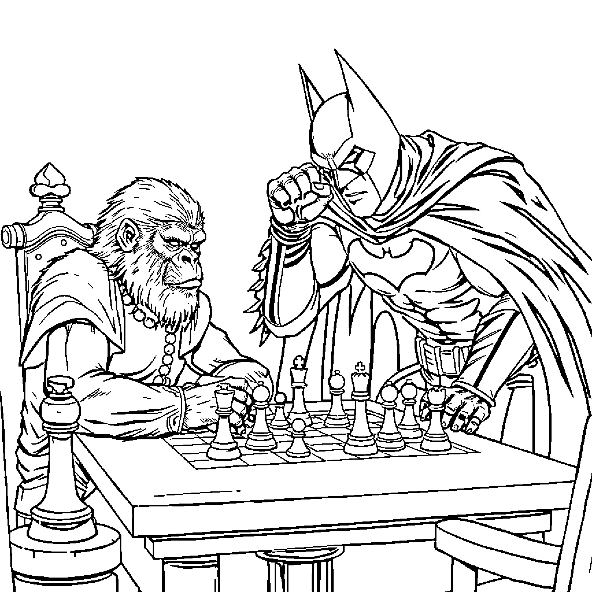 Caesar's Chess Battle with a Formidable Opponent Coloring Page (free black-and-white line drawing printable PDF for all, from beginners to advanced learners, including children, teens, adults, and seniors)