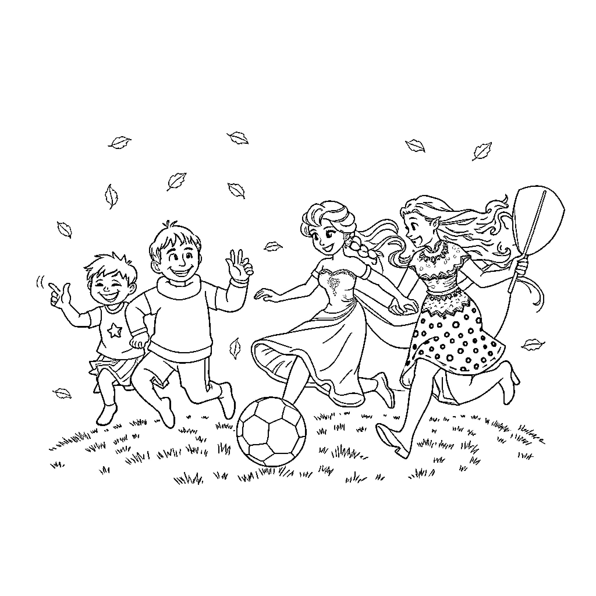 Fall Guy: Kids playing soccer with caregivers in the park Coloring Page (free black-and-white line drawing printable PDF for all, from beginners to advanced learners, including children, teens, adults, and seniors)
