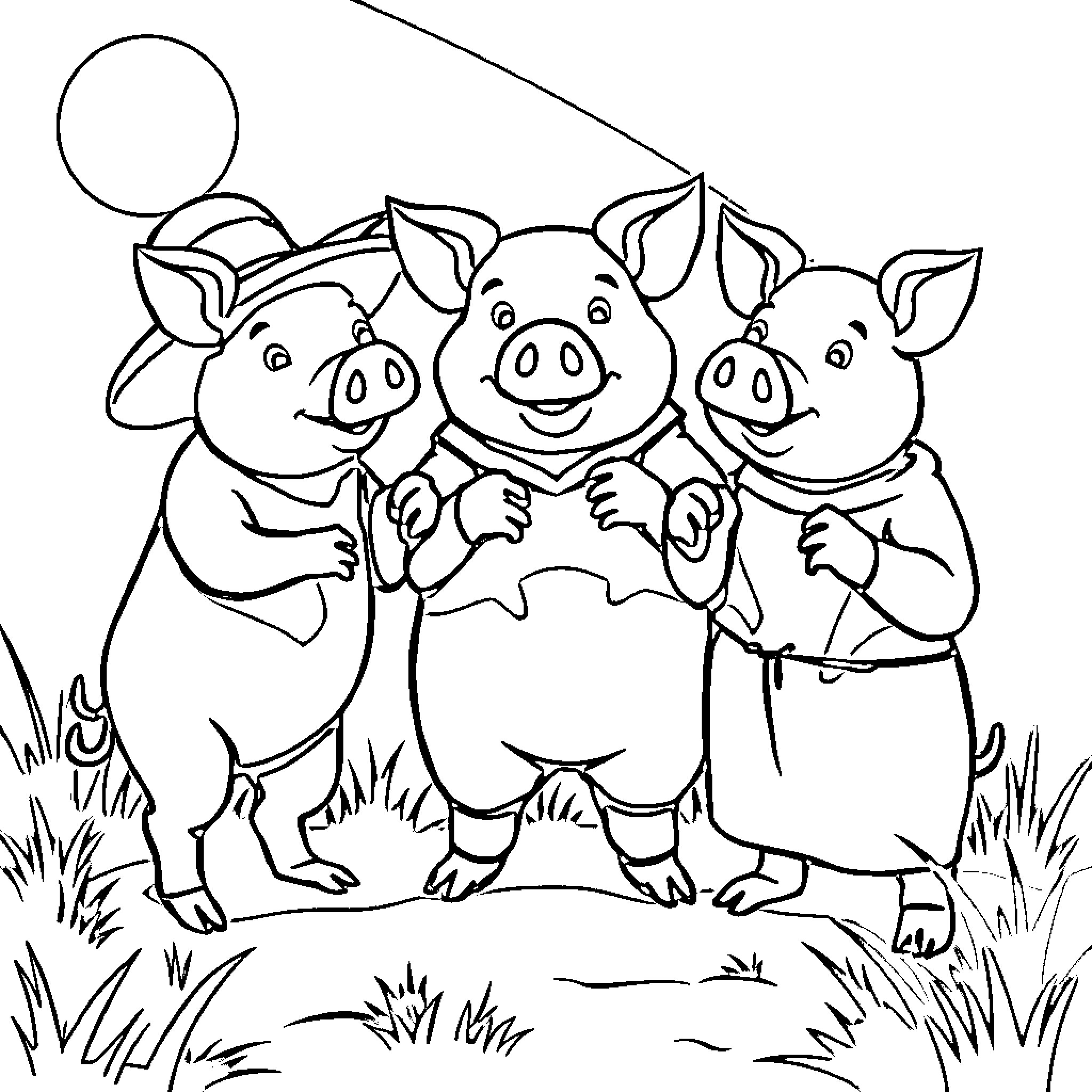 Pigs playing together in the field Coloring Page (free black-and-white line drawing printable PDF for all, from beginners to advanced learners, including children, teens, adults, and seniors)