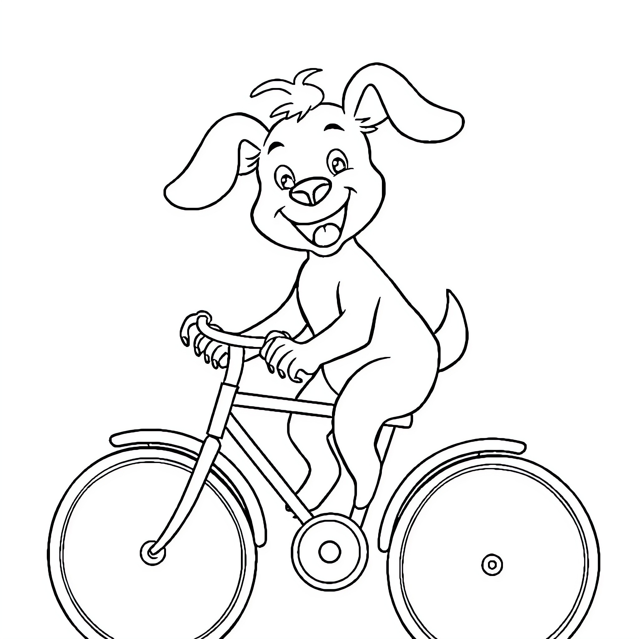 Dog riding a bicycle happily Coloring Page (free black-and-white line drawing printable PDF for all, from beginners to advanced learners, including children, teens, adults, and seniors)