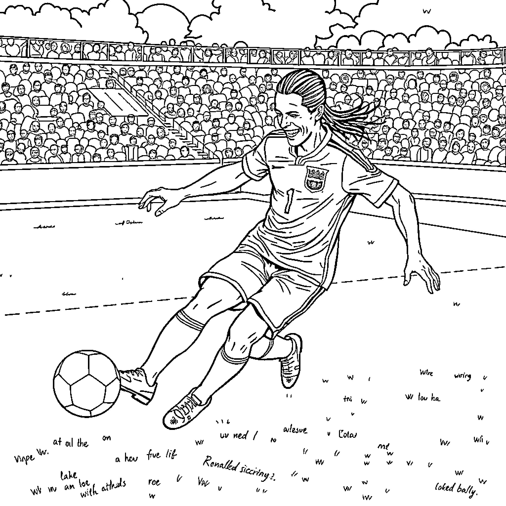 Ronaldinho skillfully dribbling the ball on the soccer field Coloring Page (free black-and-white line drawing printable PDF for all, from beginners to advanced learners, including children, teens, adults, and seniors)