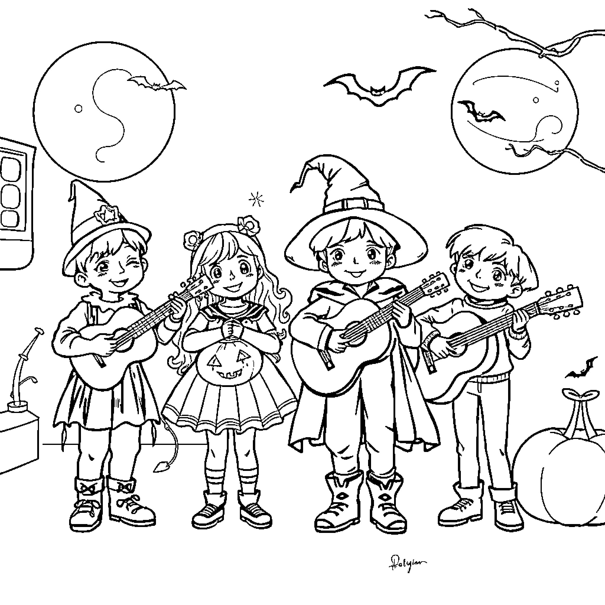 Halloween music and costumes celebration Coloring Page (free black-and-white line drawing printable PDF for all, from beginners to advanced learners, including children, teens, adults, and seniors)