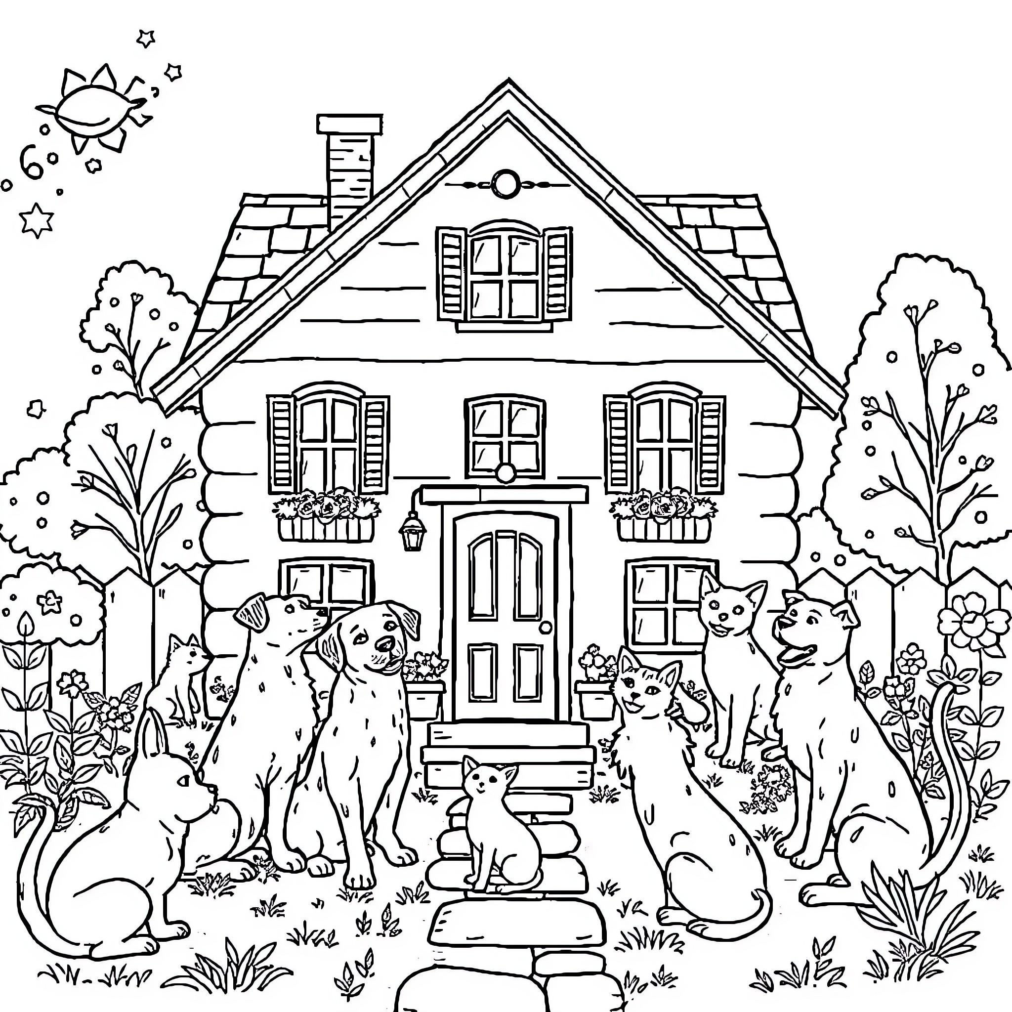 House with Animals in a Whimsical Outdoor Scene Coloring Page (free black-and-white line drawing printable PDF for all, from beginners to advanced learners, including children, teens, adults, and seniors)