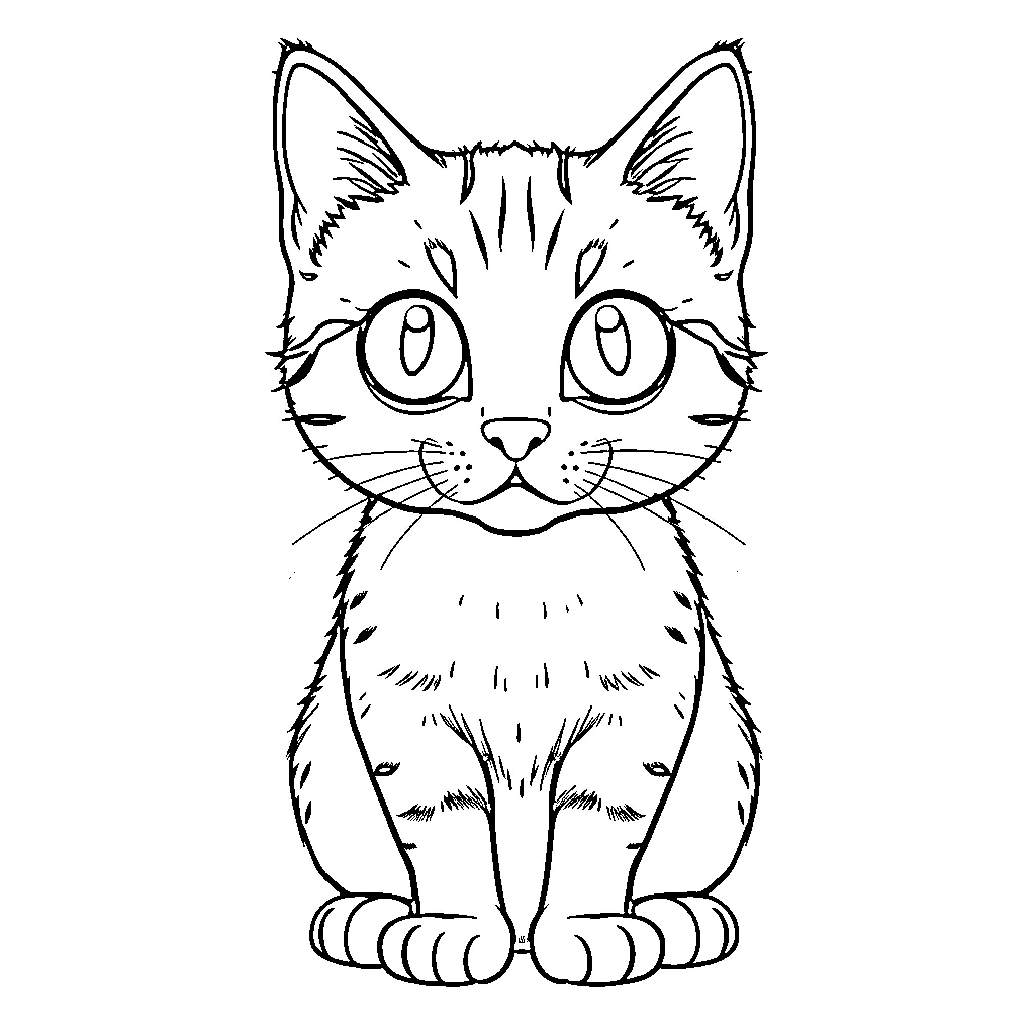 Cat with large curious eyes Coloring Page (free black-and-white line drawing printable PDF for all, from beginners to advanced learners, including children, teens, adults, and seniors)