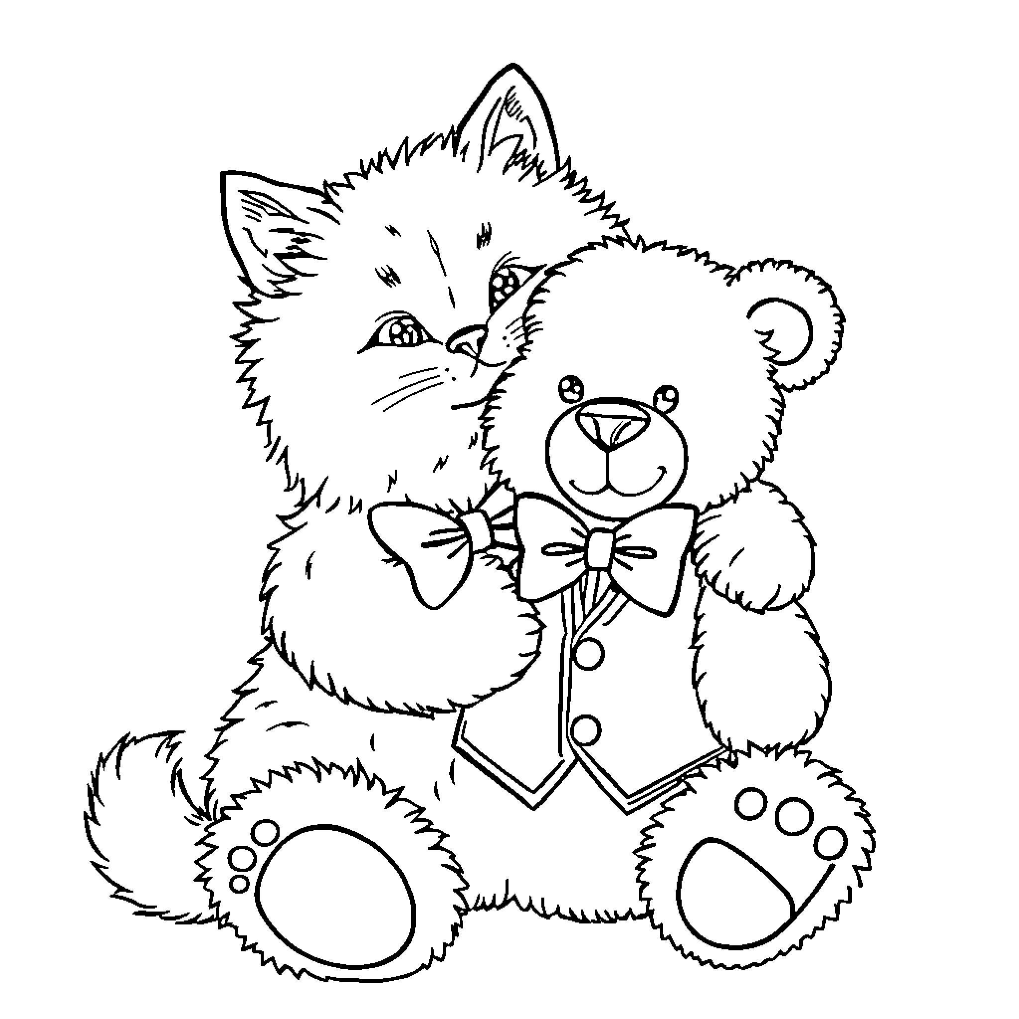 Cat and Teddy Bear Companions Coloring Page (free black-and-white line drawing printable PDF for all, from beginners to advanced learners, including children, teens, adults, and seniors)