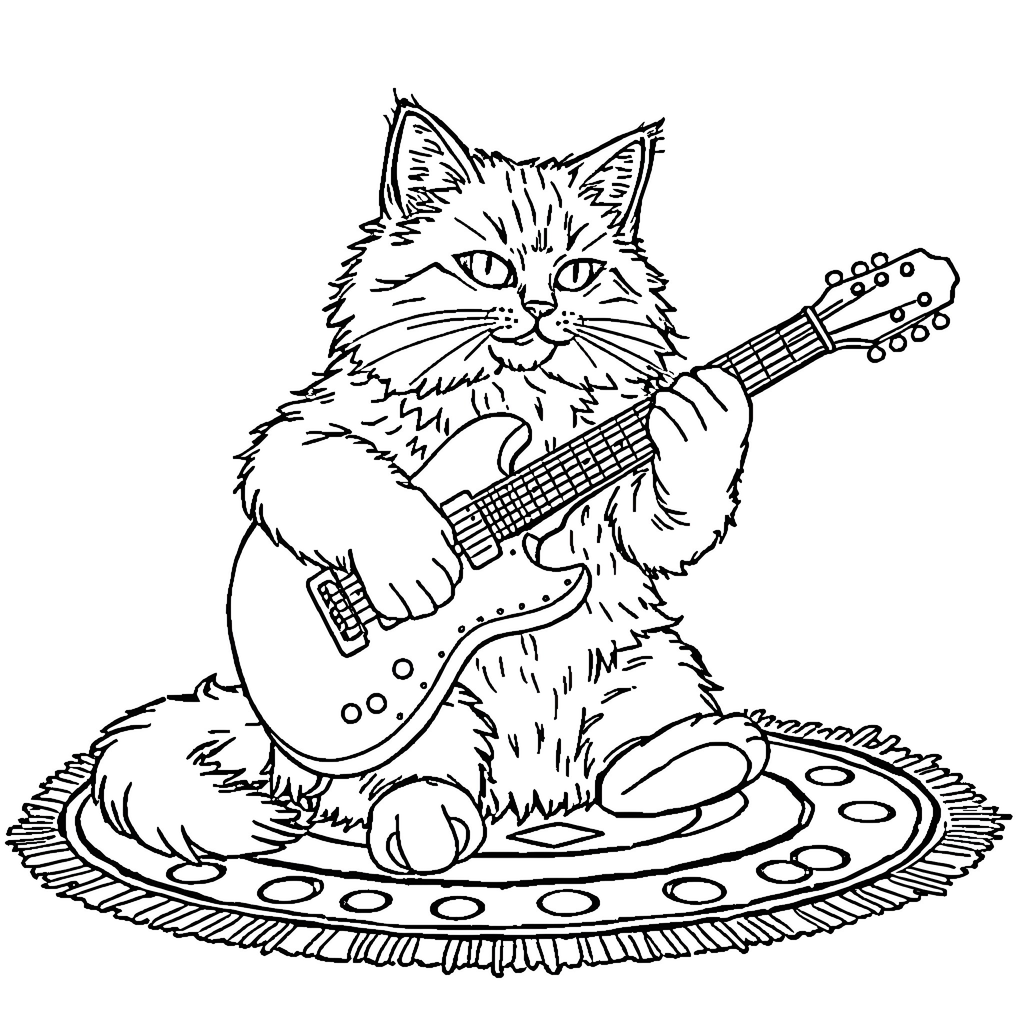 Cat playing guitar on circular stage Coloring Page (free black-and-white line drawing printable PDF for all, from beginners to advanced learners, including children, teens, adults, and seniors)
