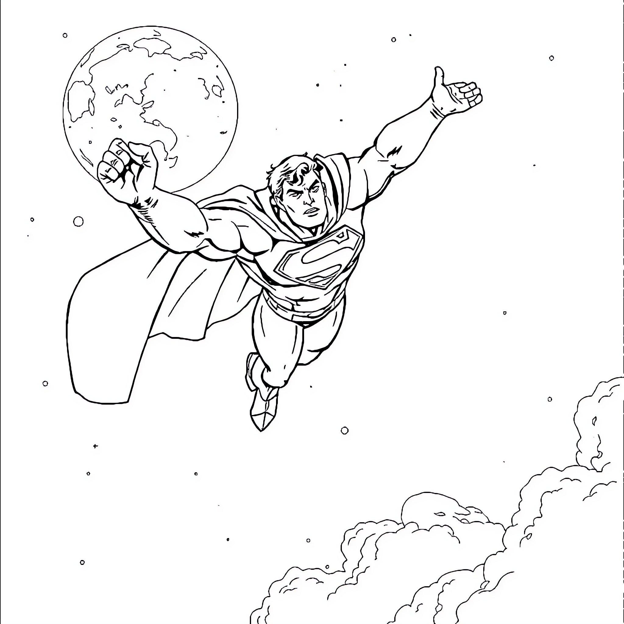 Superman soaring through the sky with outstretched arms Coloring Page (free black-and-white line drawing printable PDF for all, from beginners to advanced learners, including children, teens, adults, and seniors)