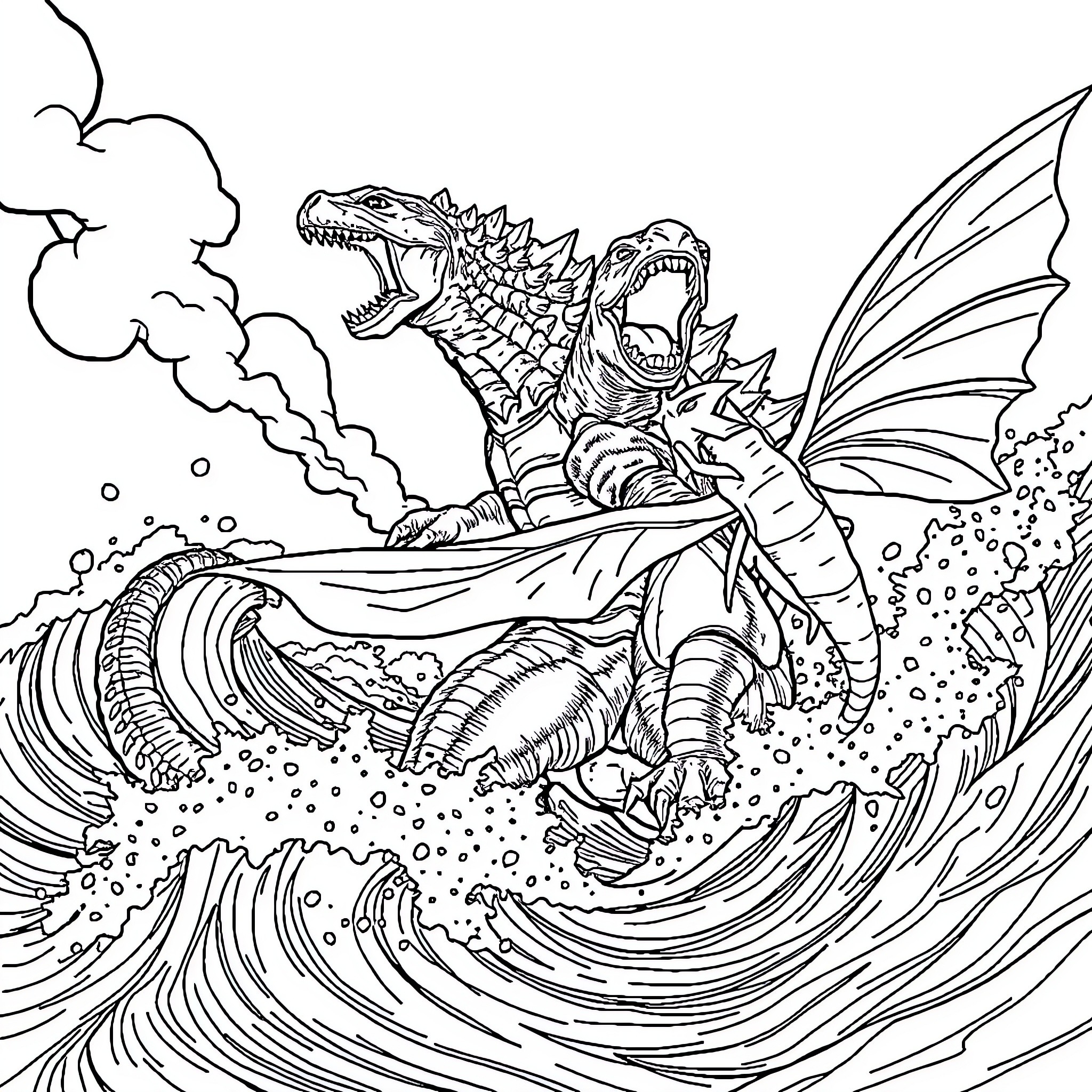 Godzilla battling on a stormy sea Coloring Page (free black-and-white line drawing printable PDF for all, from beginners to advanced learners, including children, teens, adults, and seniors)