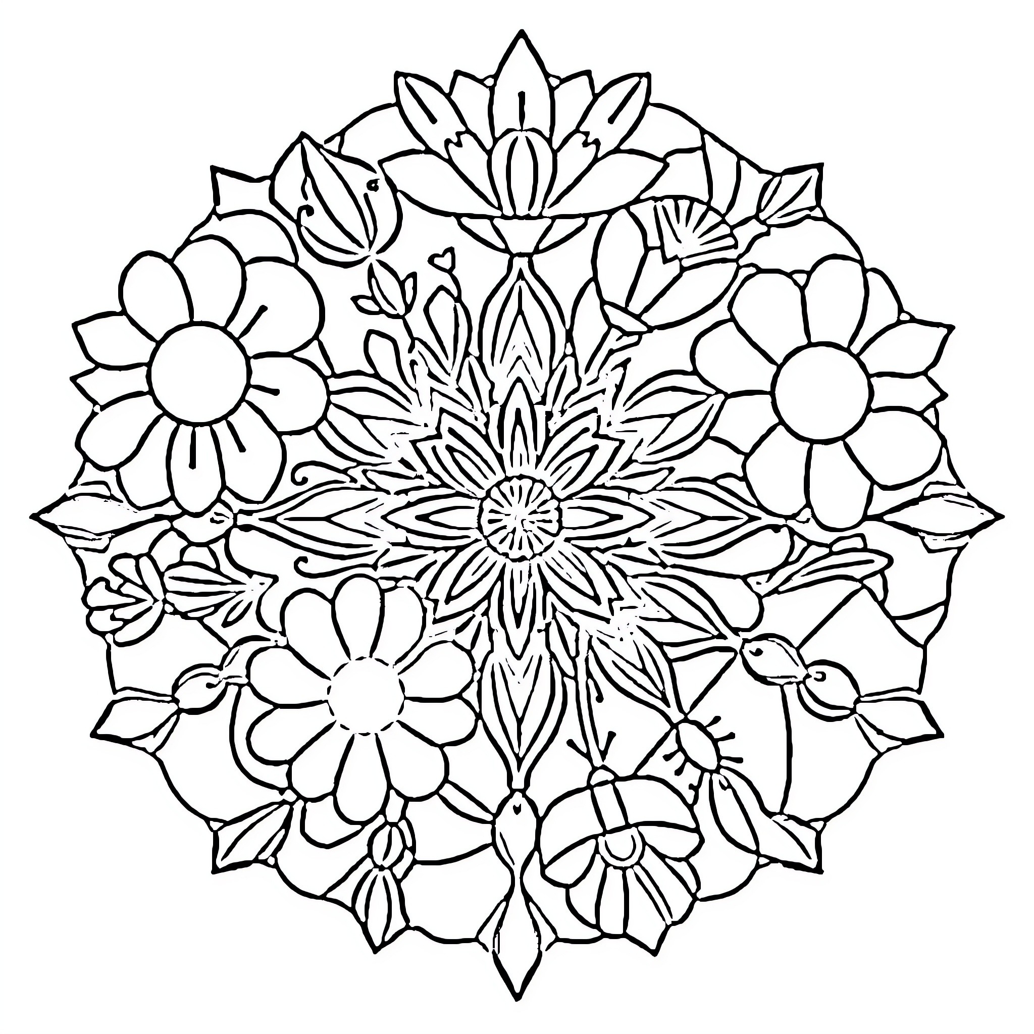 Plant Decorative Floral Pattern Coloring Page (free black-and-white line drawing printable PDF for all, from beginners to advanced learners, including children, teens, adults, and seniors)
