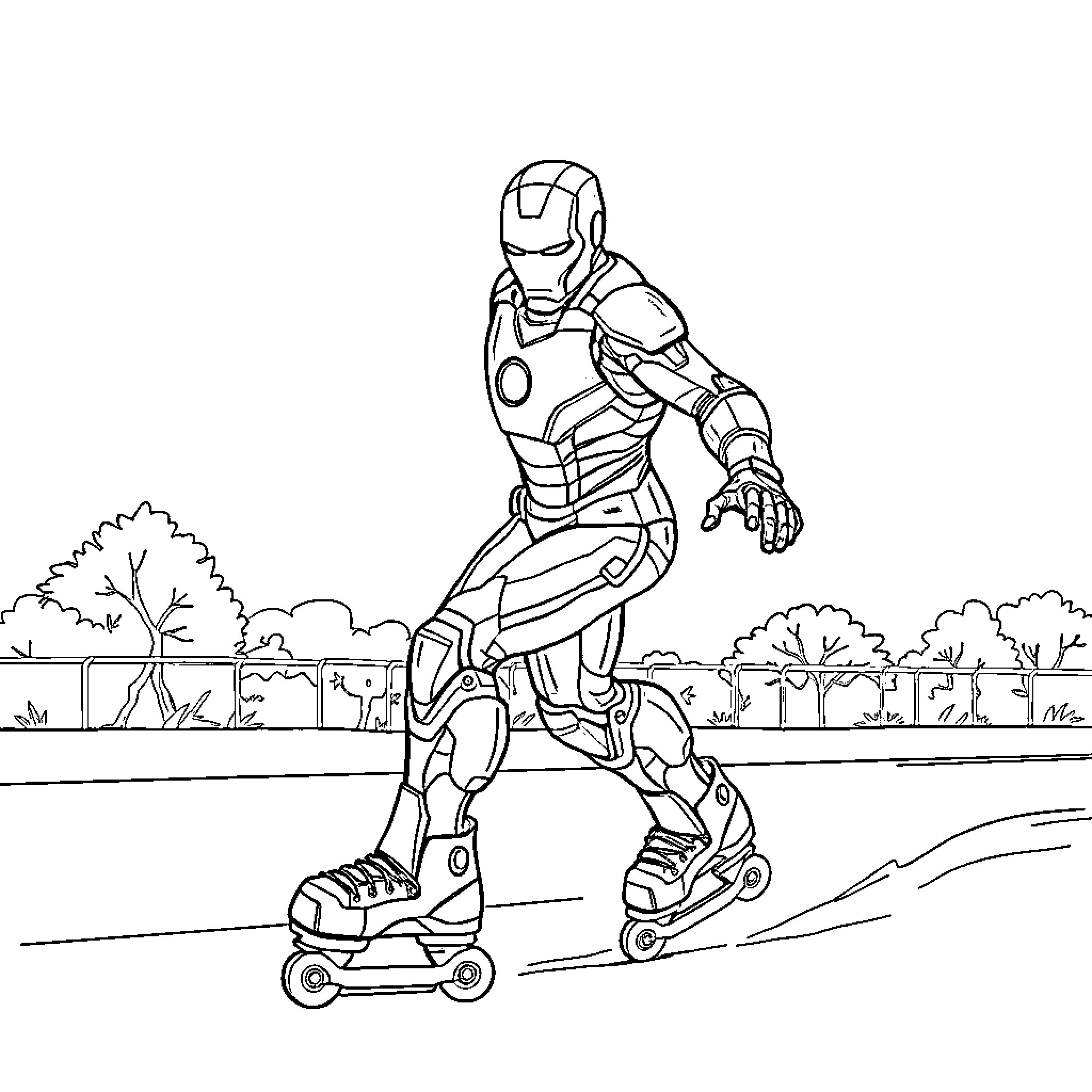 Iron Man Rollerblading in the Park Coloring Page (free black-and-white line drawing printable PDF for all, from beginners to advanced learners, including children, teens, adults, and seniors)