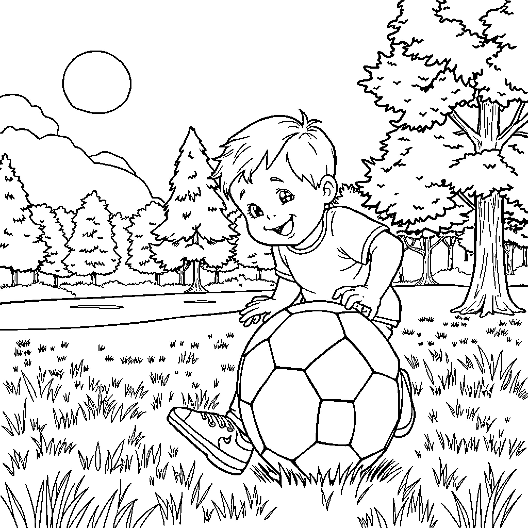 Child Playing with Soccer Ball in Outdoor Scenery Coloring Page (free black-and-white line drawing printable PDF for all, from beginners to advanced learners, including children, teens, adults, and seniors)