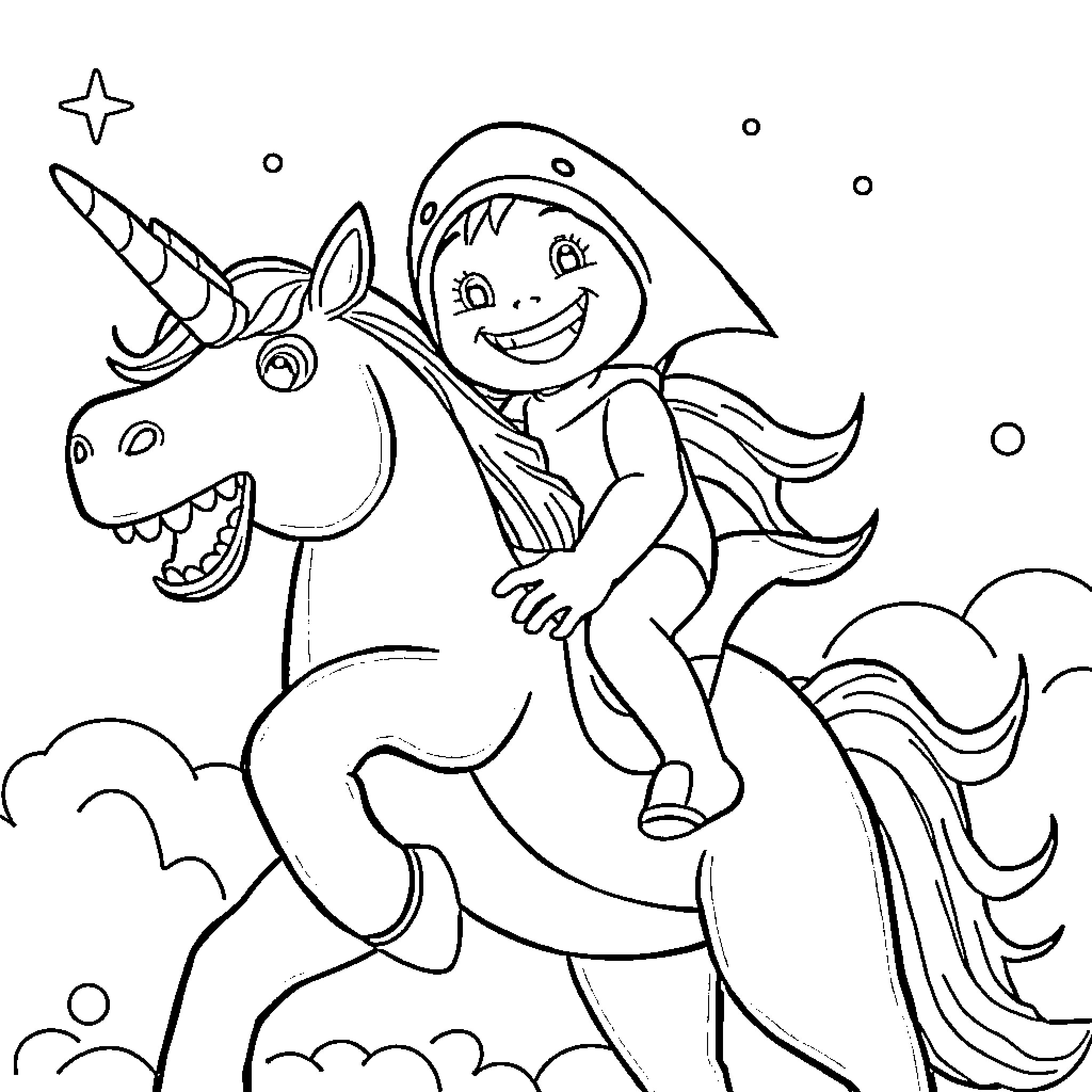 Shark Boy riding a unicorn through the night sky Coloring Page (free black-and-white line drawing printable PDF for all, from beginners to advanced learners, including children, teens, adults, and seniors)