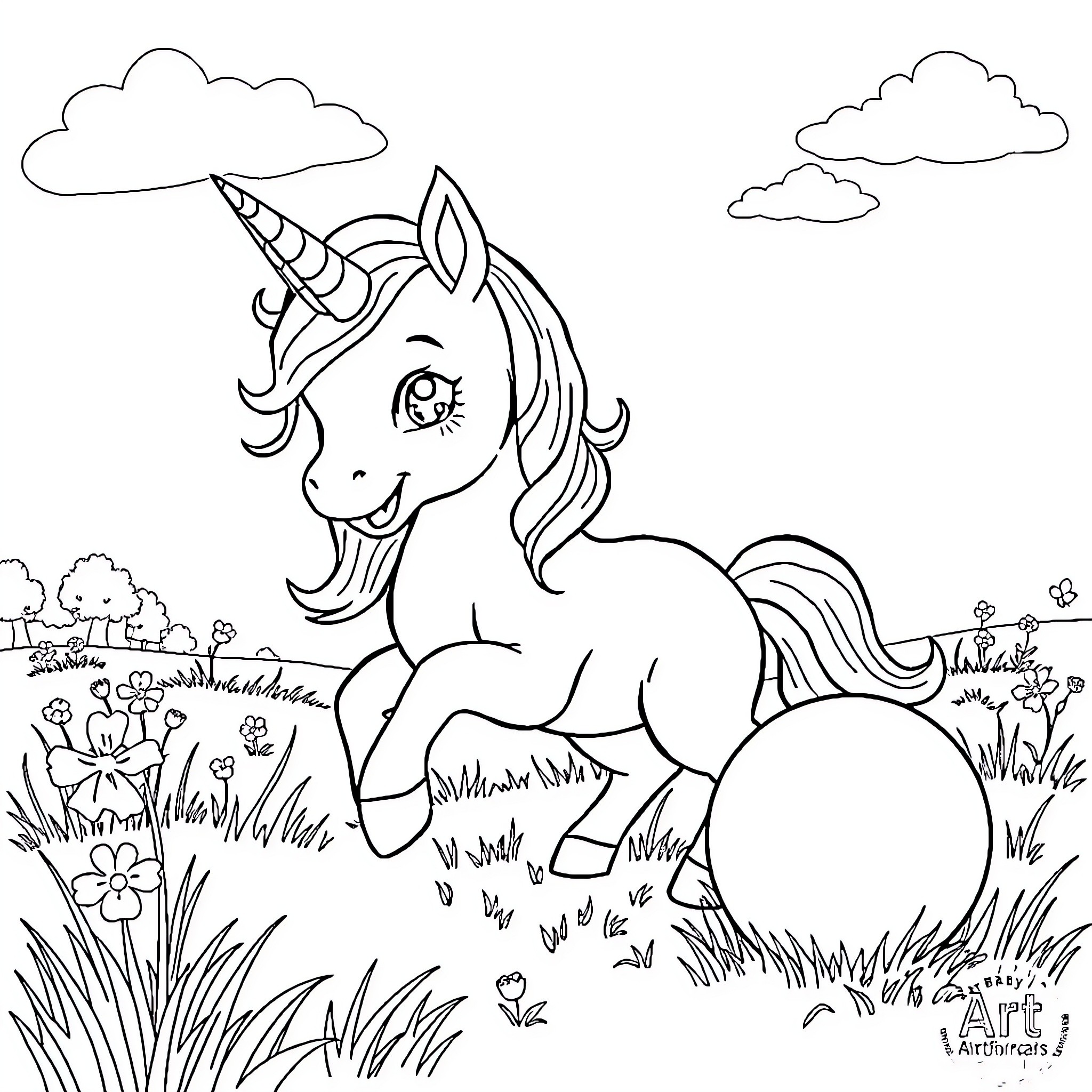 Unicorn resting peacefully in a meadow Coloring Page (free black-and-white line drawing printable PDF for all, from beginners to advanced learners, including children, teens, adults, and seniors)