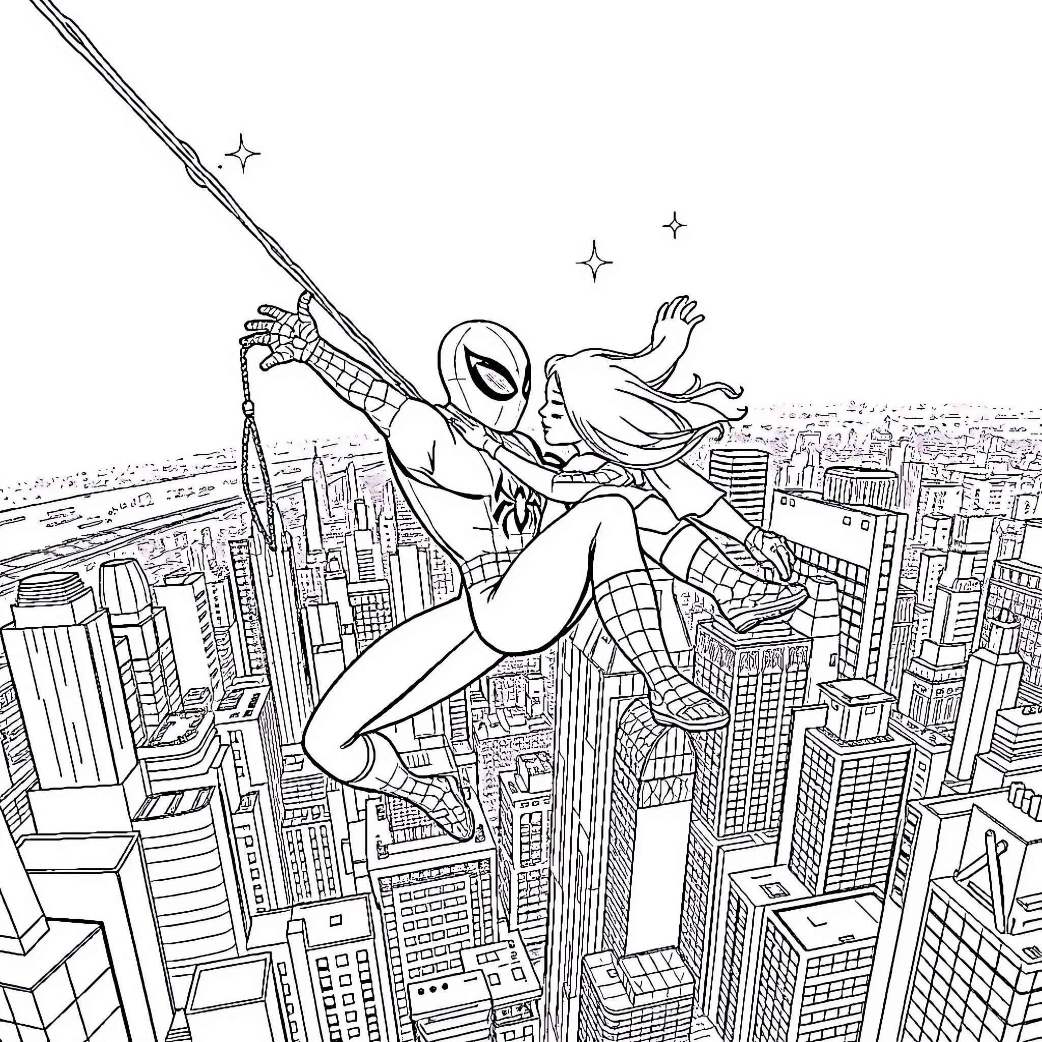 Spiderman swinging high above the city skyline Coloring Page (free black-and-white line drawing printable PDF for all, from beginners to advanced learners, including children, teens, adults, and seniors)
