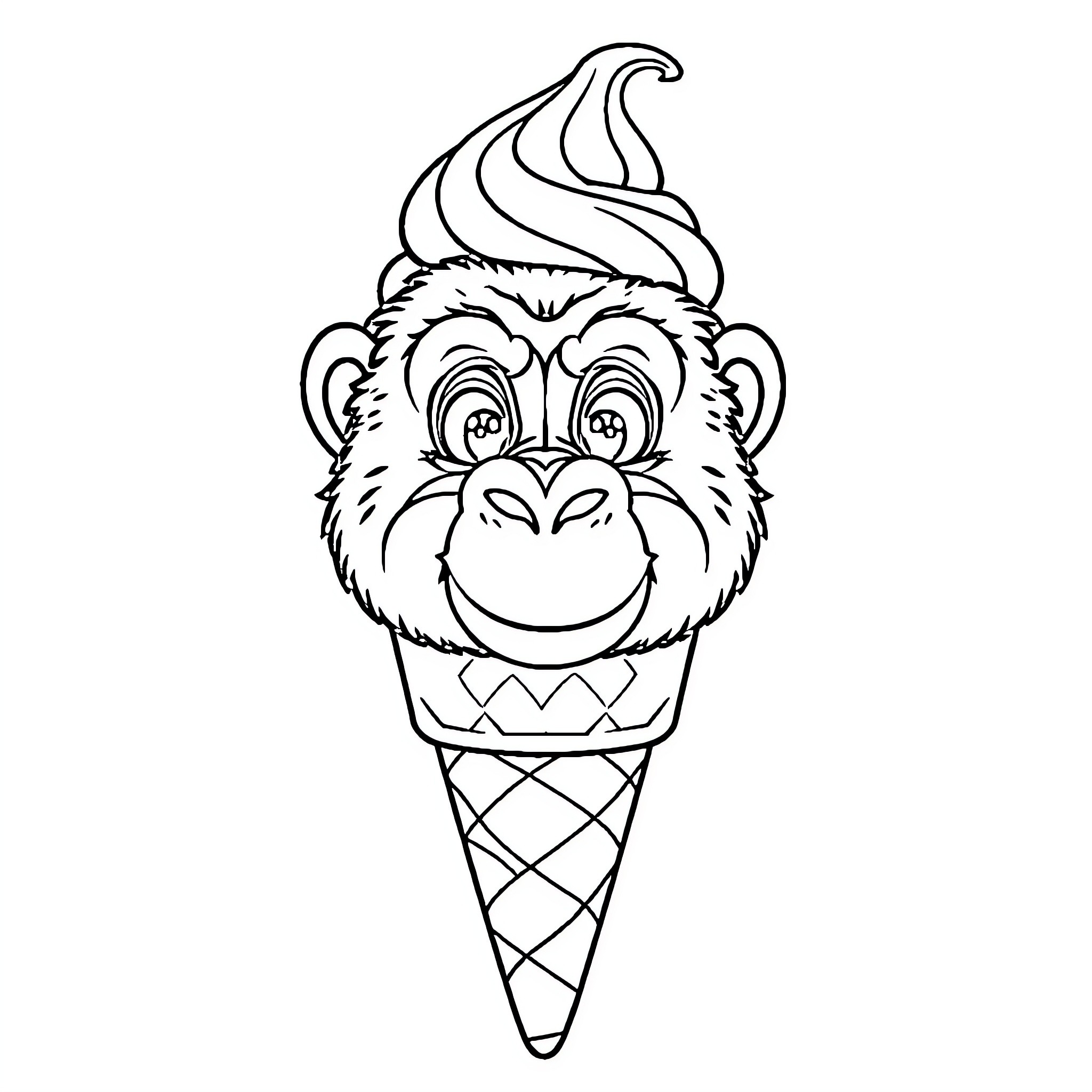 Ice Cream Cone with Smiling Monkey Face Coloring Page (free black-and-white line drawing printable PDF for all, from beginners to advanced learners, including children, teens, adults, and seniors)