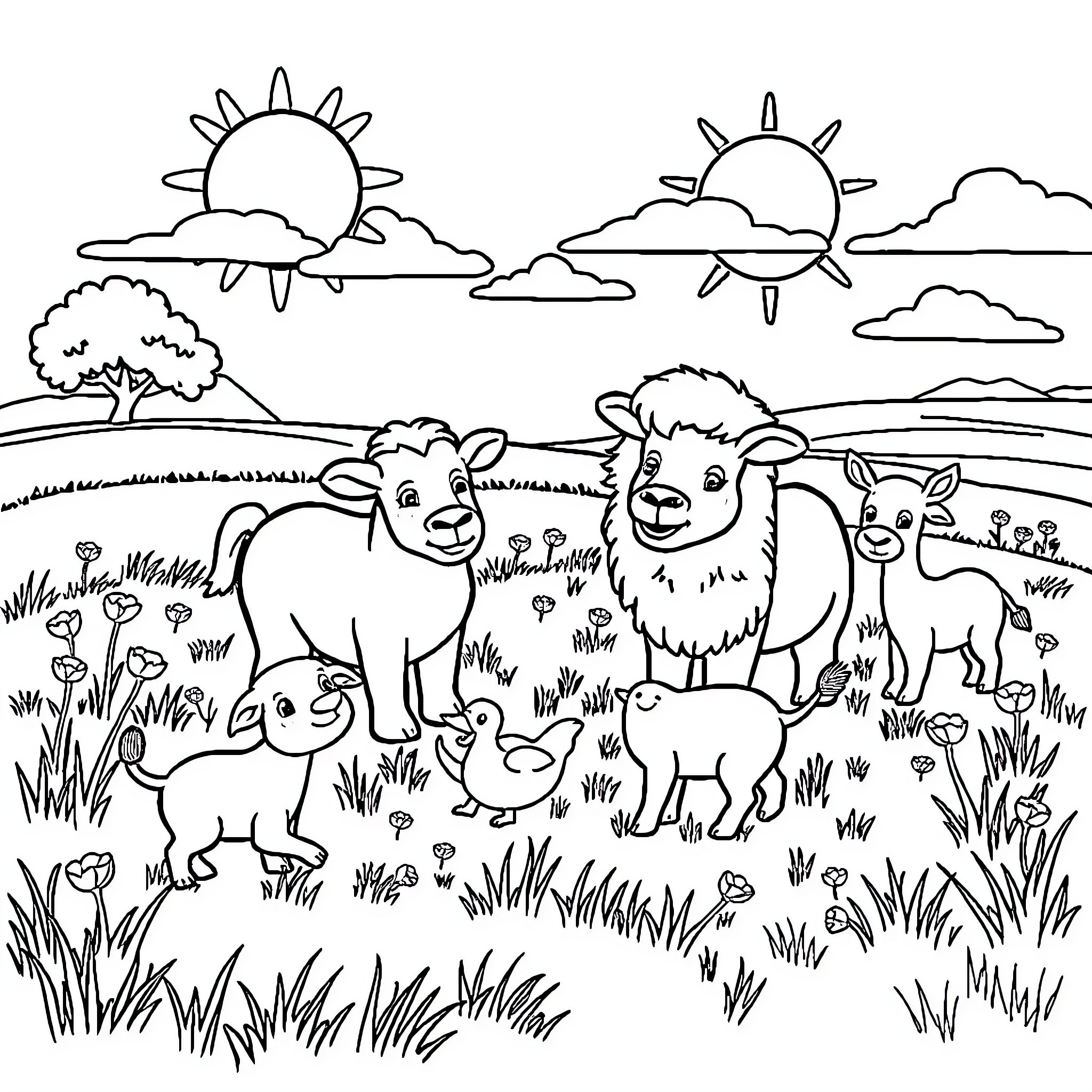 Animal friends enjoying the sunny meadow Coloring Page (free black-and-white line drawing printable PDF for all, from beginners to advanced learners, including children, teens, adults, and seniors)