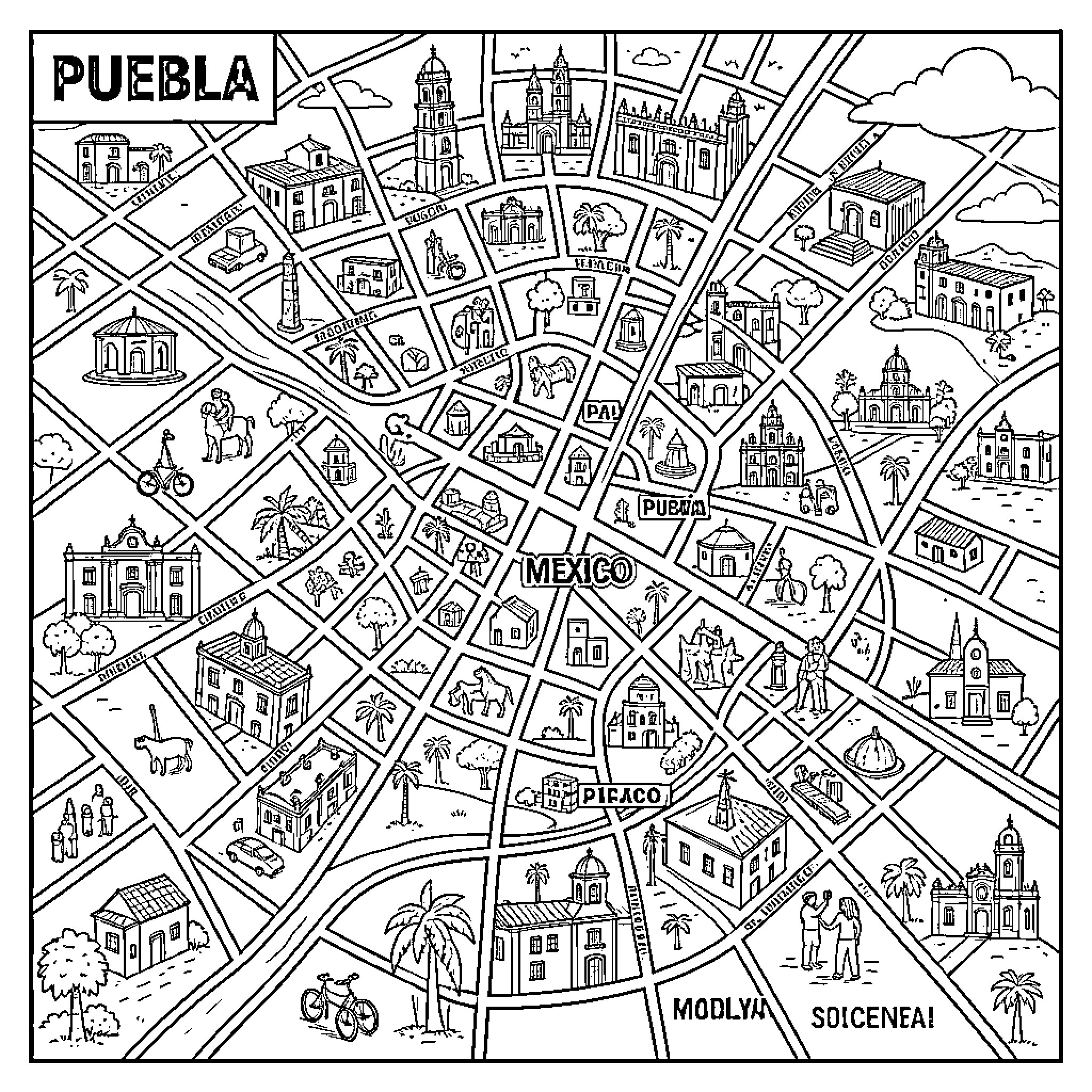 Map of various landmarks and buildings in Puebla, Mexico Coloring Page (free black-and-white line drawing printable PDF for all, from beginners to advanced learners, including children, teens, adults, and seniors)