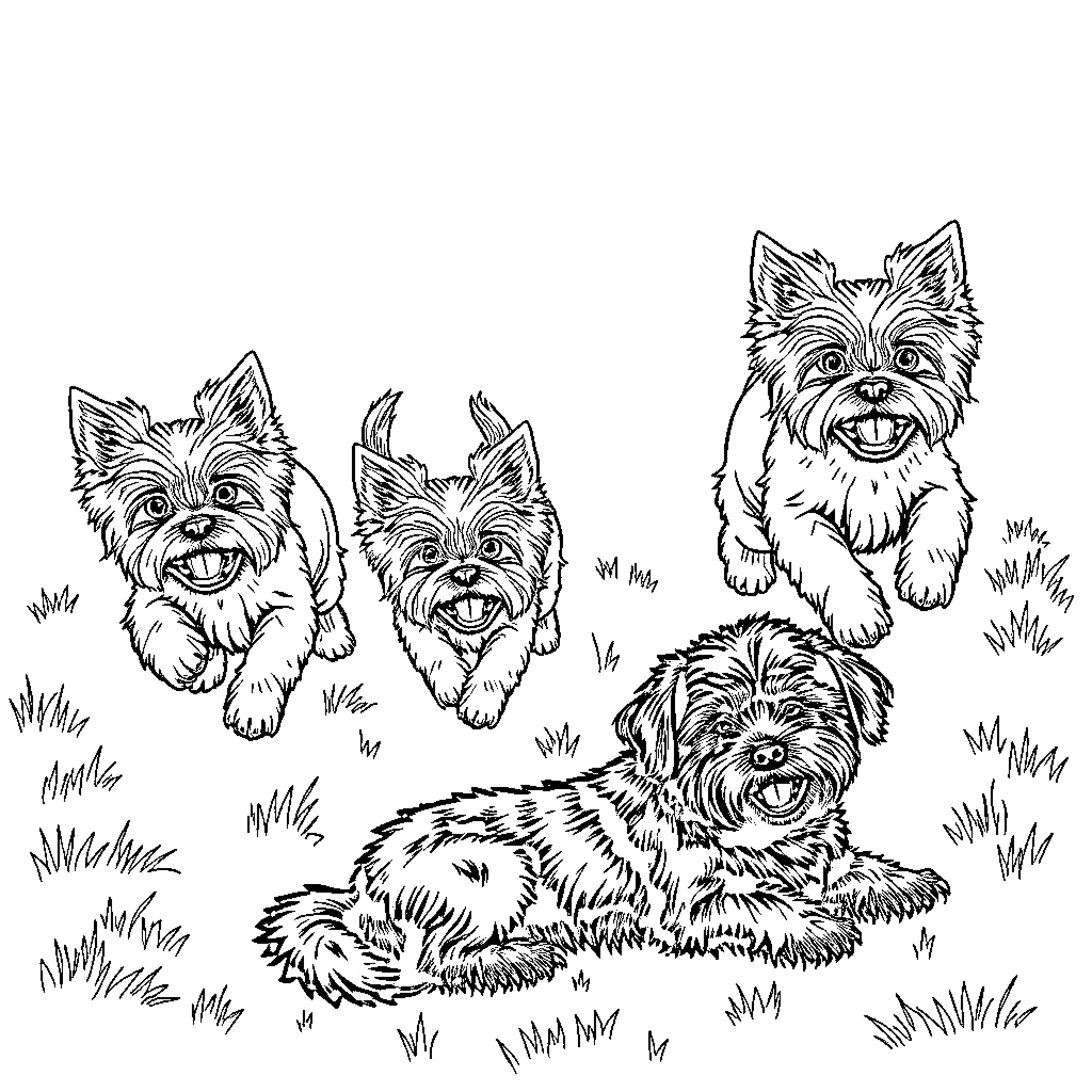 Dogs playing happily in the grass Coloring Page (free black-and-white line drawing printable PDF for all, from beginners to advanced learners, including children, teens, adults, and seniors)