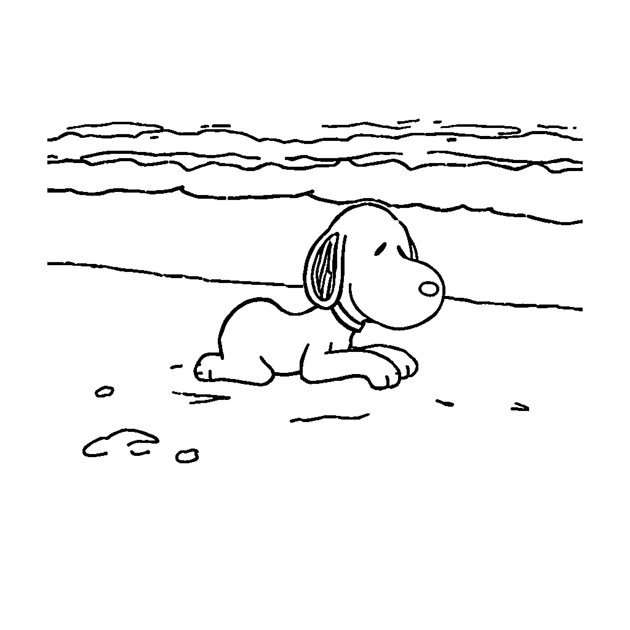 Snoopy relaxing on the beach Coloring Page (free black-and-white line drawing printable PDF for all, from beginners to advanced learners, including children, teens, adults, and seniors)