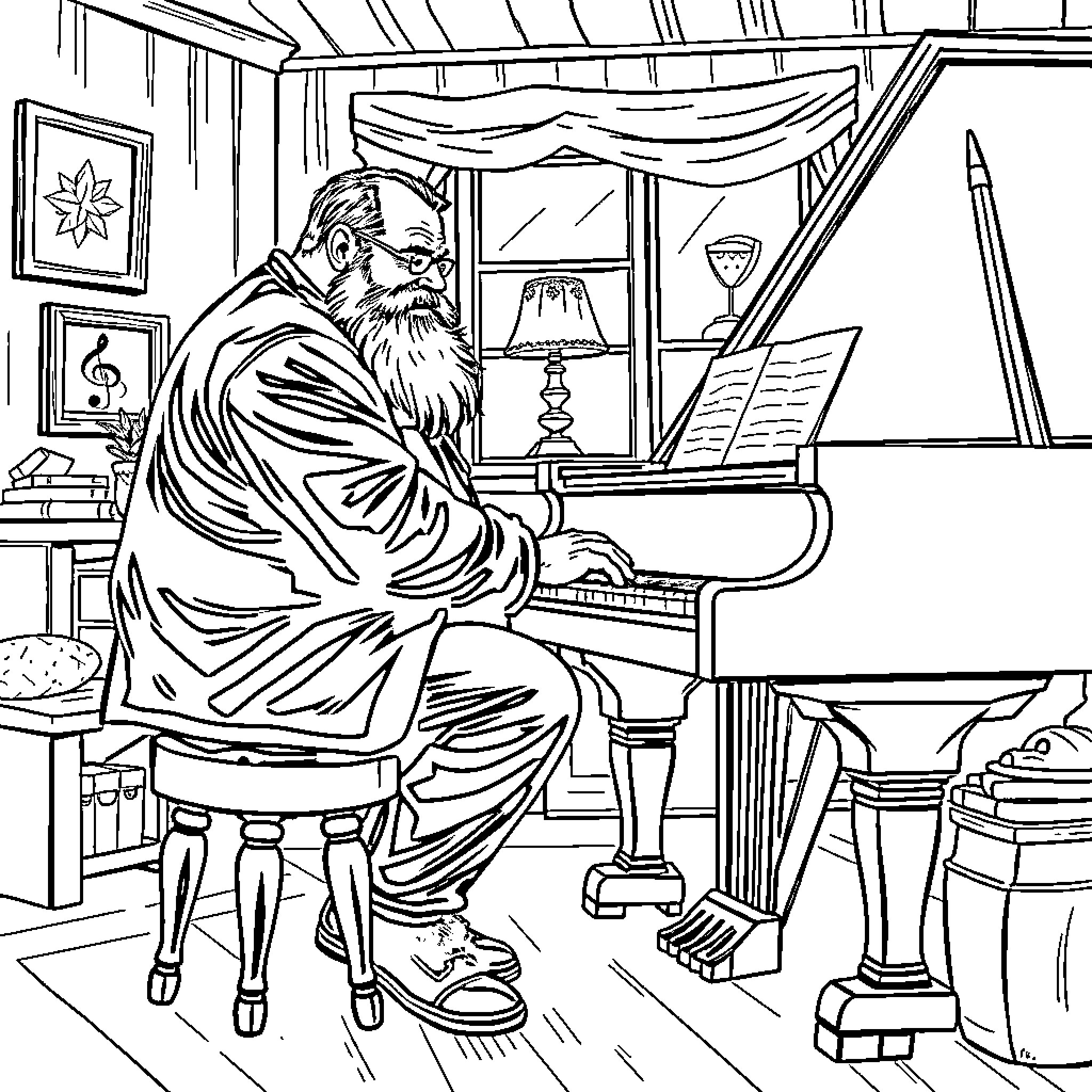 Man playing piano in cozy home setting Coloring Page (free black-and-white line drawing printable PDF for all, from beginners to advanced learners, including children, teens, adults, and seniors)