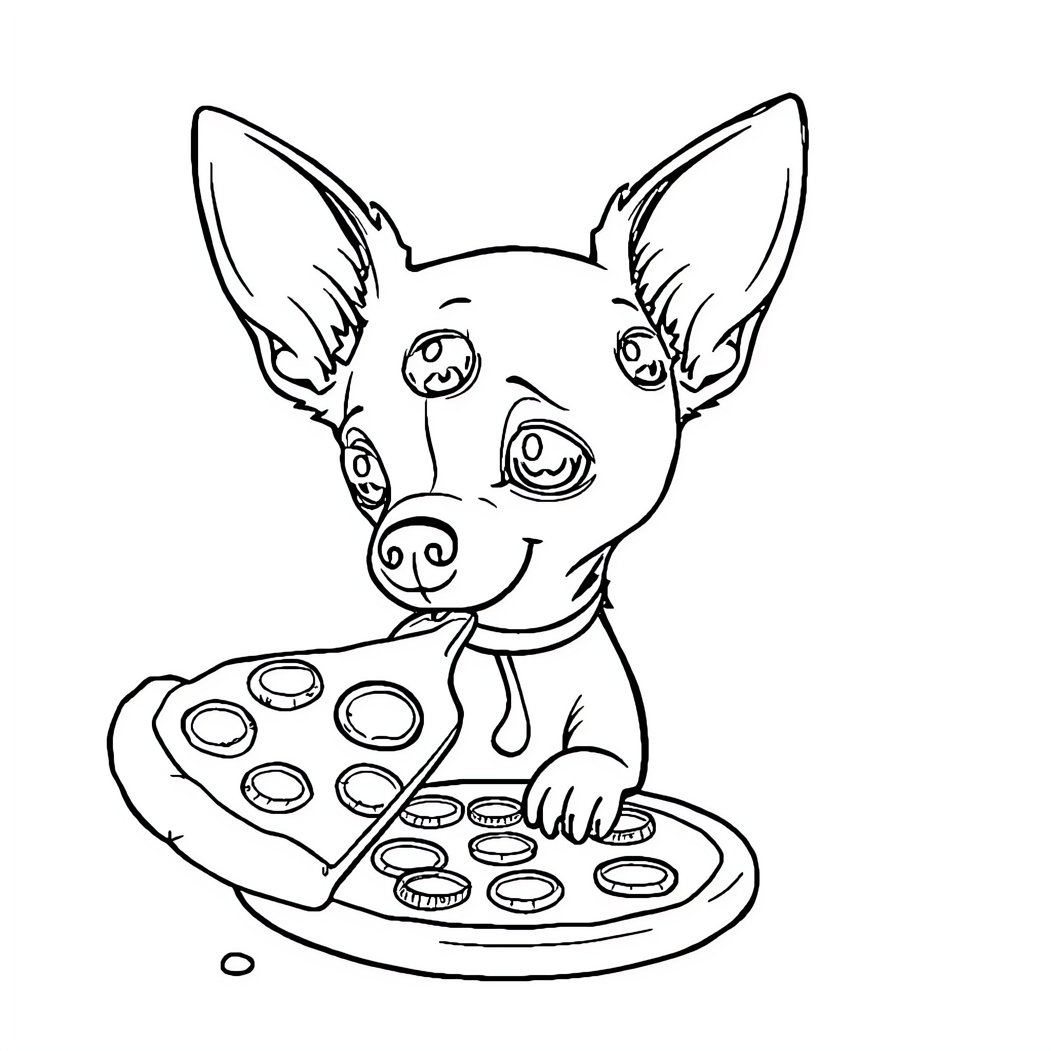 Chihuahua enjoying a tasty pizza Coloring Page (free black-and-white line drawing printable PDF for all, from beginners to advanced learners, including children, teens, adults, and seniors)
