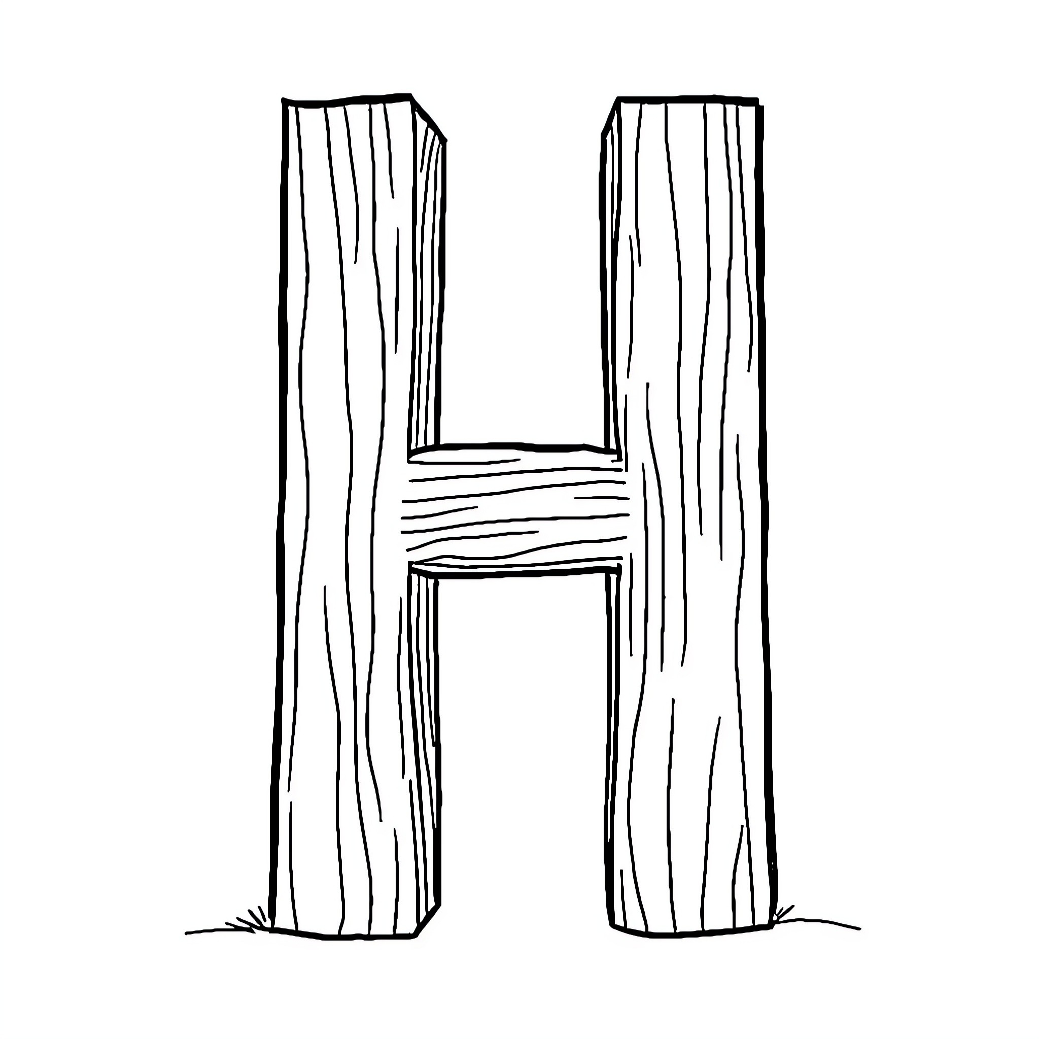 Handcrafted wooden letter H Coloring Page (free black-and-white line drawing printable PDF for all, from beginners to advanced learners, including children, teens, adults, and seniors)