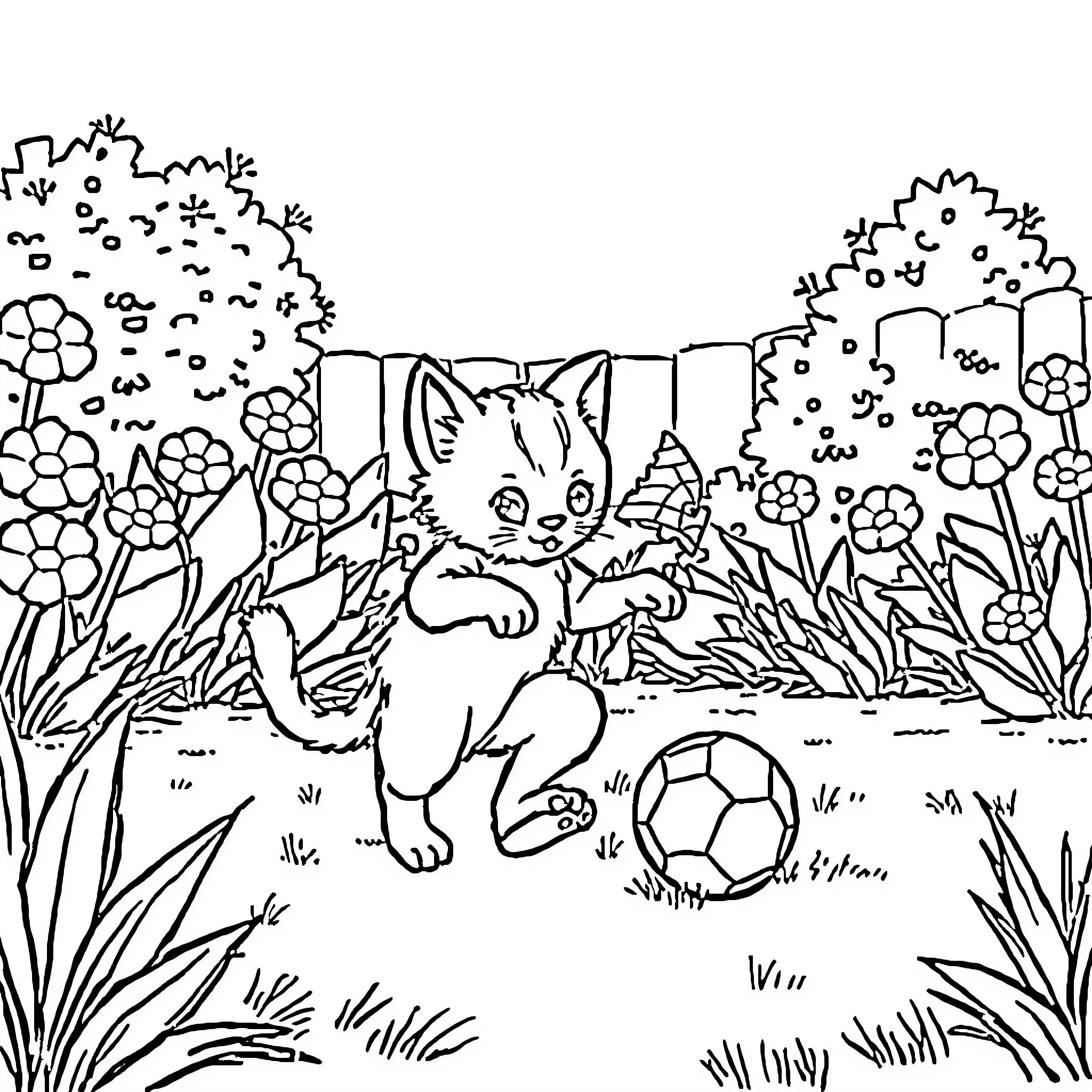 Cat playing with a ball in the garden Coloring Page (free black-and-white line drawing printable PDF for all, from beginners to advanced learners, including children, teens, adults, and seniors)