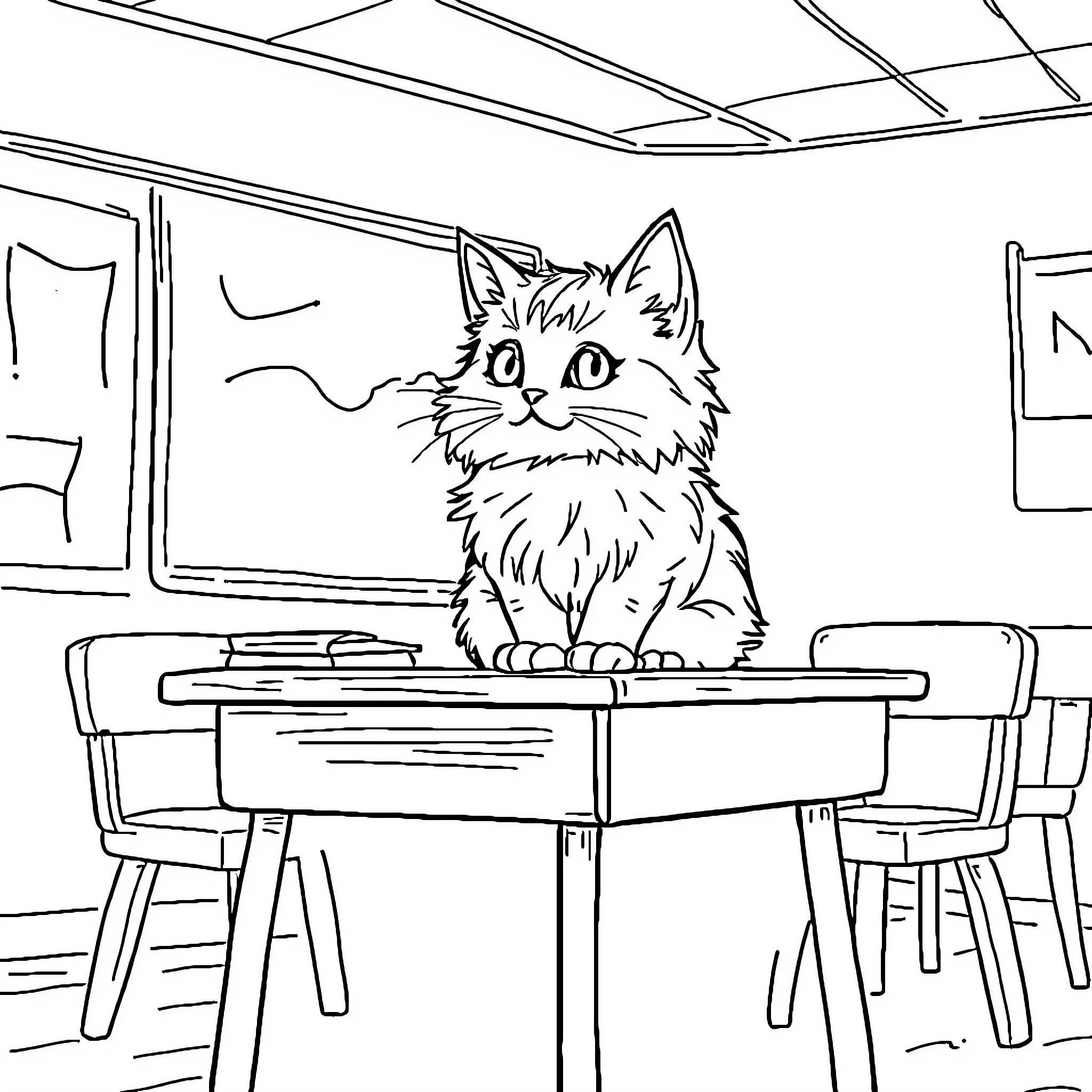 Cat exploring a classroom setting Coloring Page (free black-and-white line drawing printable PDF for all, from beginners to advanced learners, including children, teens, adults, and seniors)