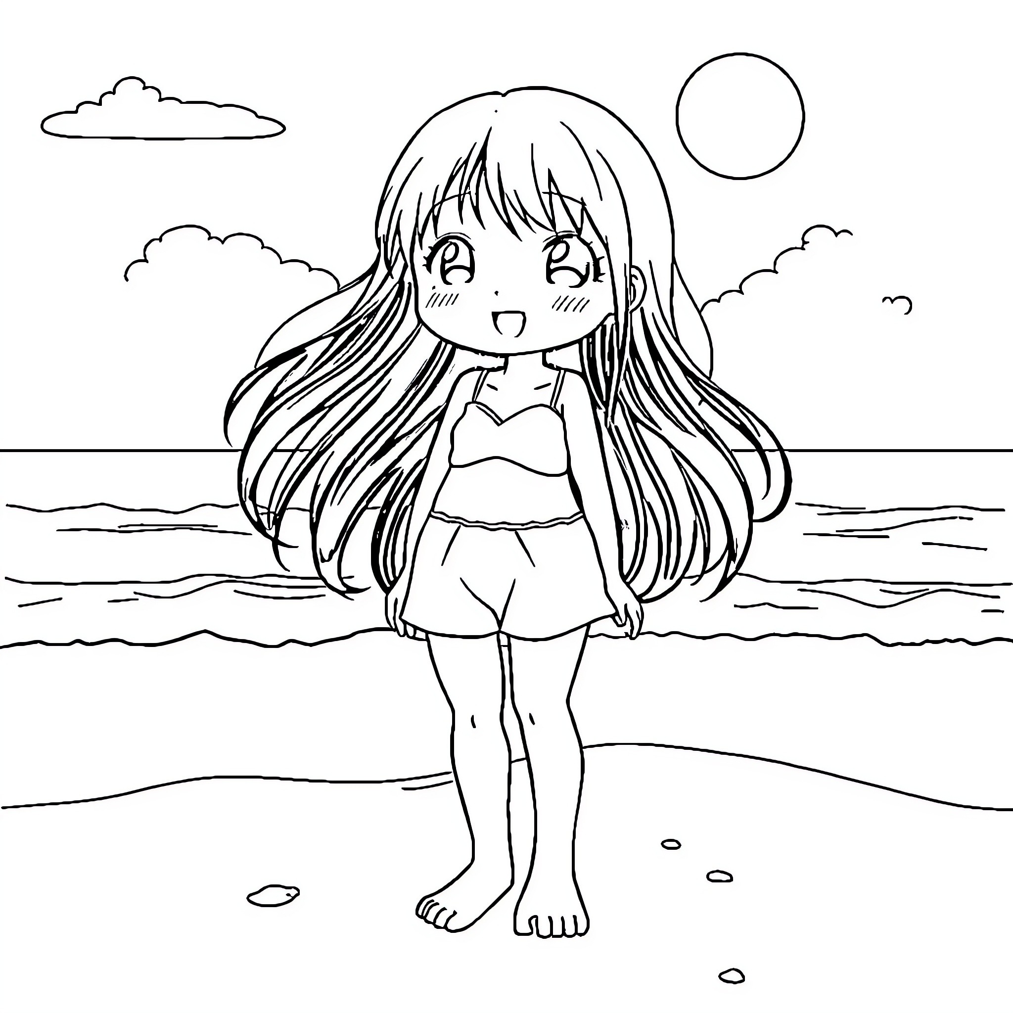 Shizuka enjoying the seaside view Coloring Page (free black-and-white line drawing printable PDF for all, from beginners to advanced learners, including children, teens, adults, and seniors)