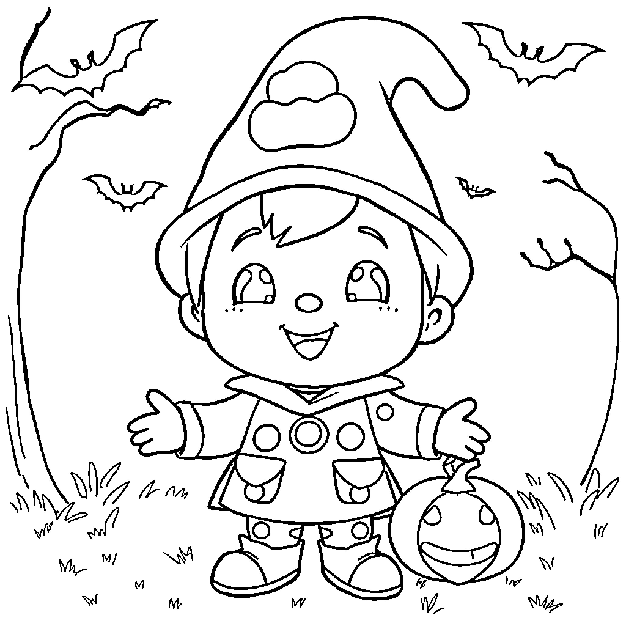 Pocoyo playing with Halloween decorations Coloring Page (free black-and-white line drawing printable PDF for all, from beginners to advanced learners, including children, teens, adults, and seniors)