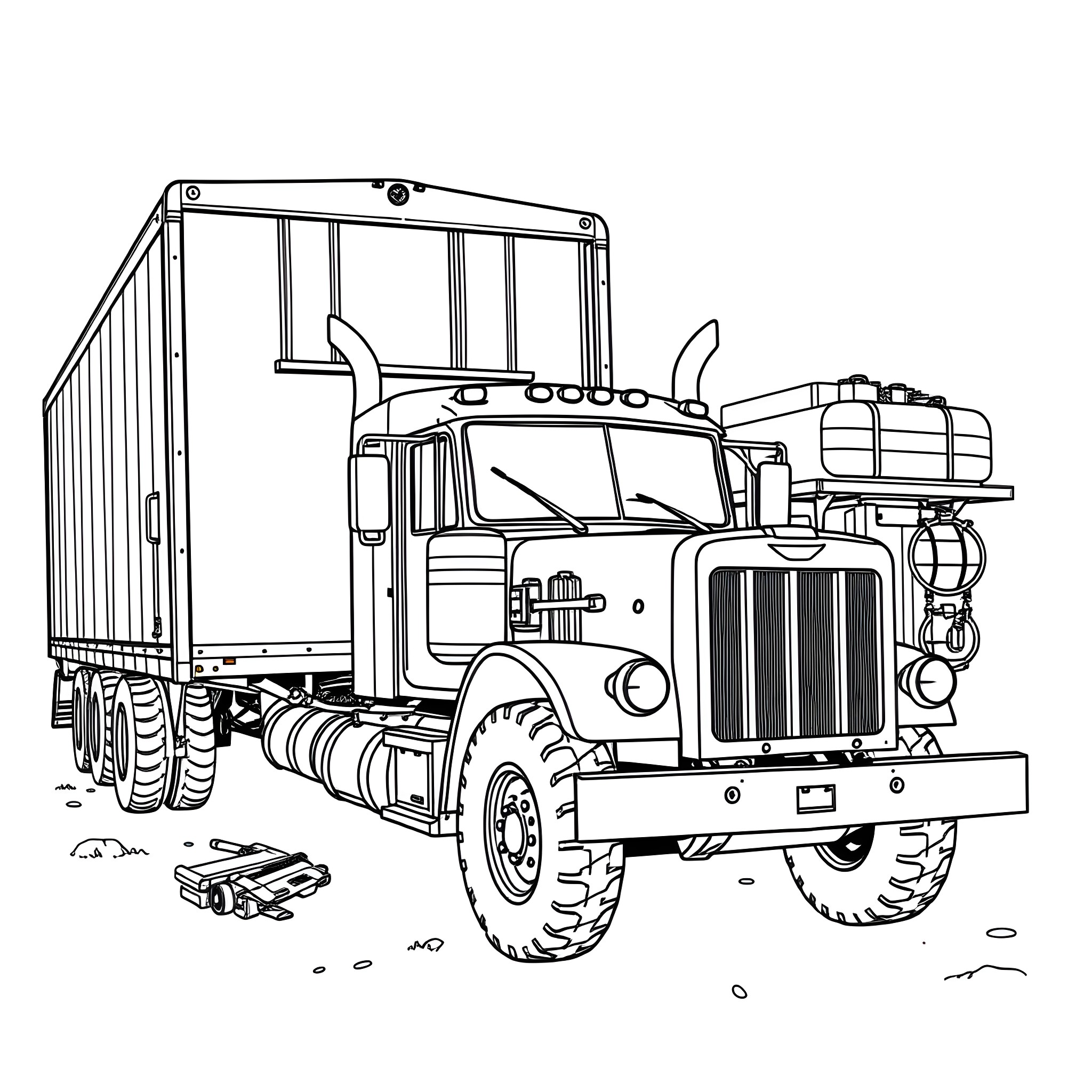 Gooseneck Trailer Loaded with Heavy Machinery Coloring Page (free black-and-white line drawing printable PDF for all, from beginners to advanced learners, including children, teens, adults, and seniors)