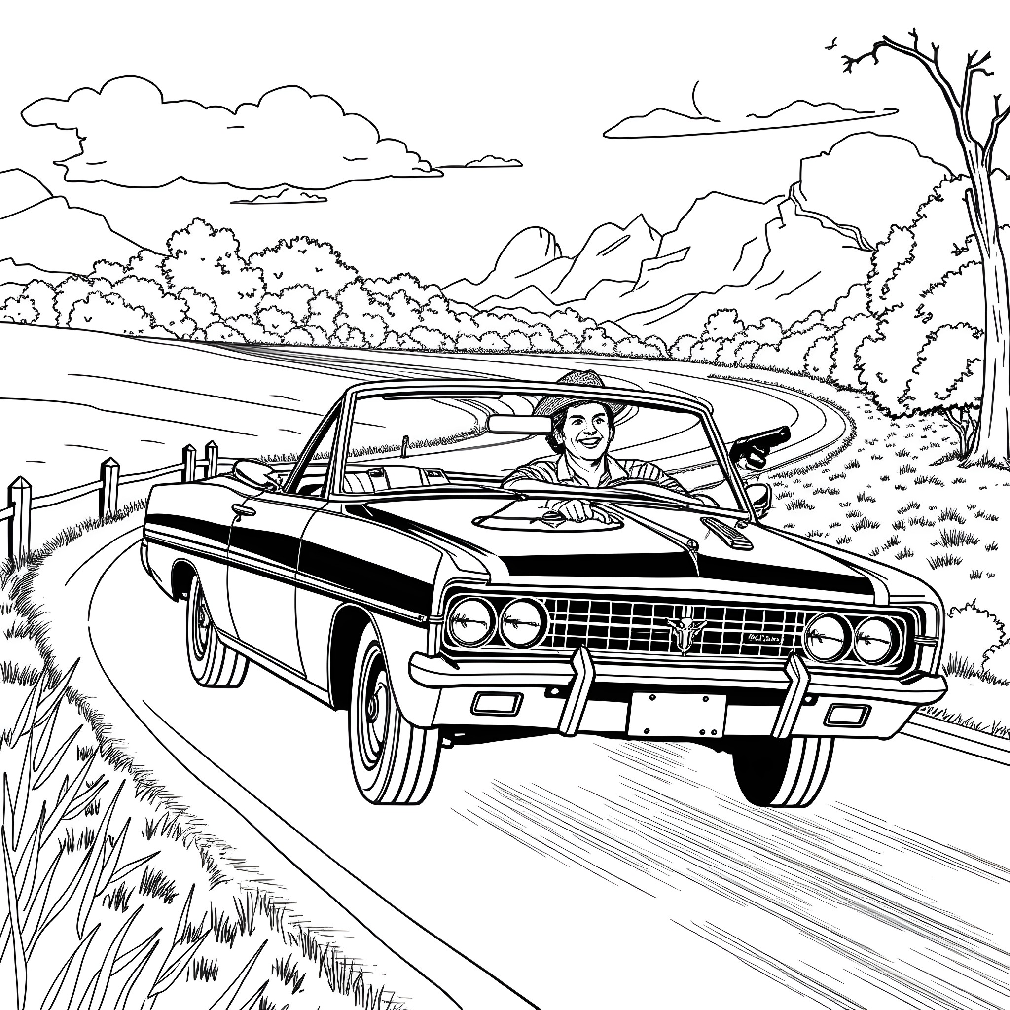 Duke Driving His Classic Car Through the Country Coloring Page (free black-and-white line drawing printable PDF for all, from beginners to advanced learners, including children, teens, adults, and seniors)