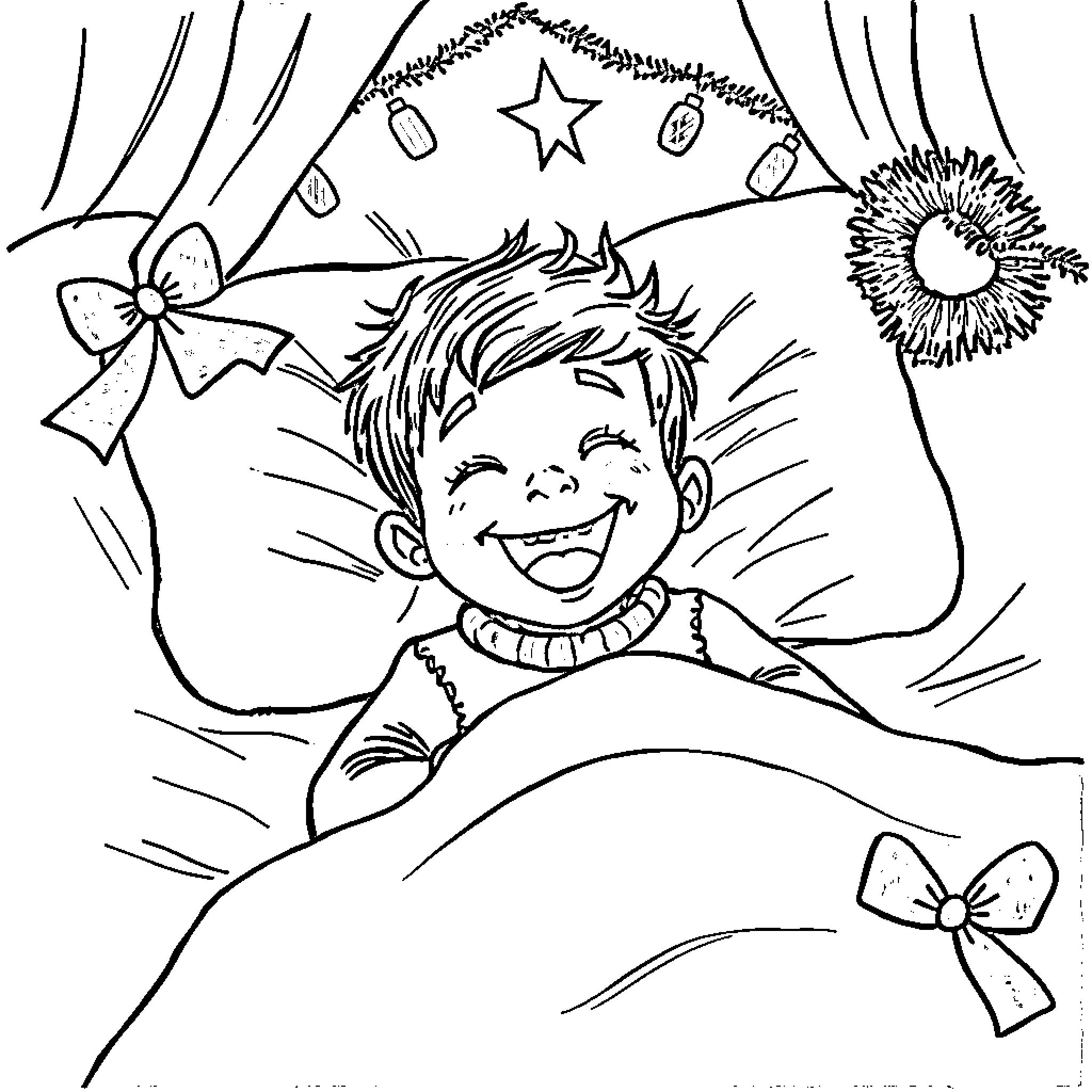 Boy excitedly enjoying holiday decorations Coloring Page (free black-and-white line drawing printable PDF for all, from beginners to advanced learners, including children, teens, adults, and seniors)